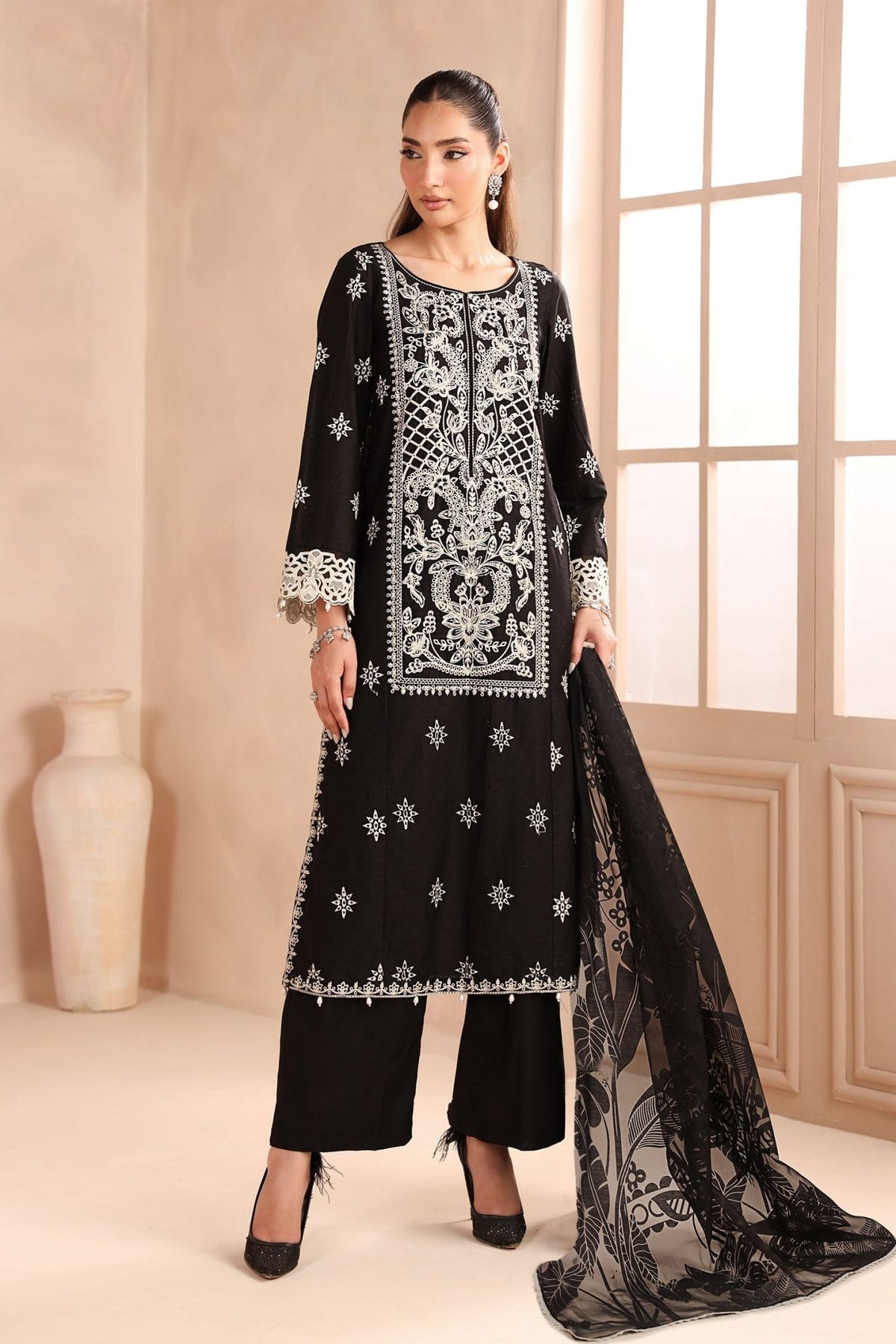 Maria B | RTW | 3 Piece Embroidered Dobby Suit-Brand:Maria B-Type:Luxury Pret-Black - House of Maryam- Buy in UK, USA
