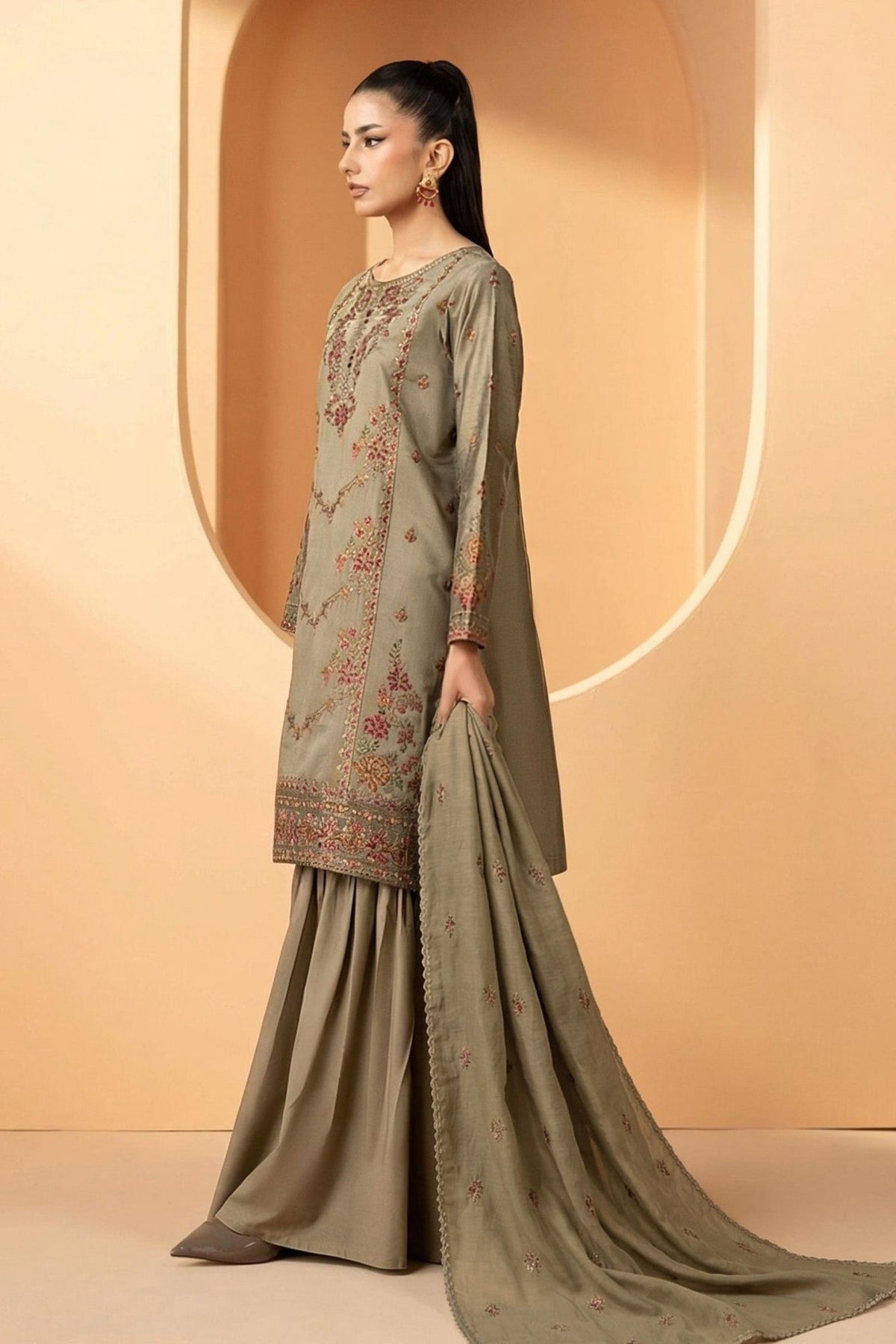 Maria B | RTW | 3 Piece Embroidered Double Warp Silk Suit-Brand:Maria B-Type:Luxury Pret-Beige - House of Maryam- Buy in UK, USA