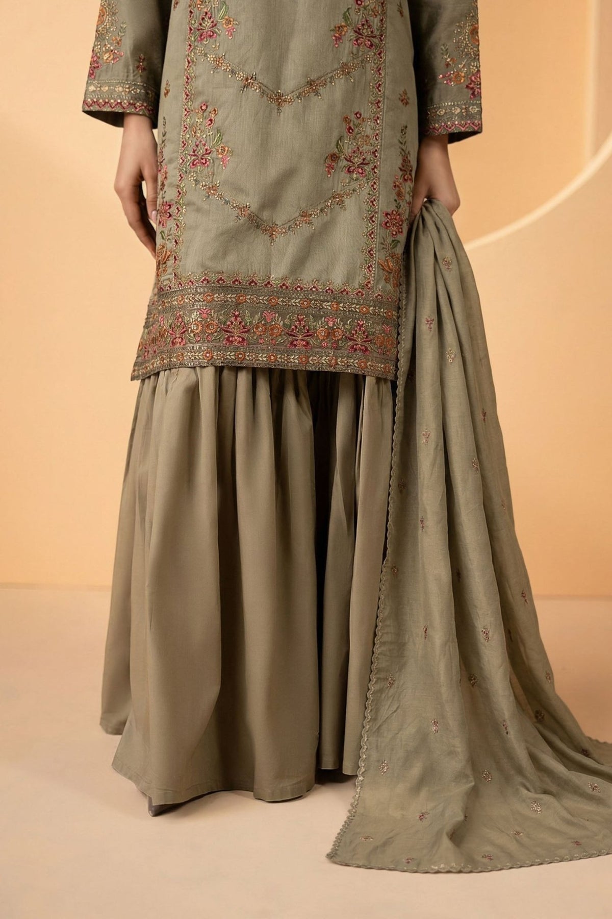 Maria B | RTW | 3 Piece Embroidered Double Warp Silk Suit-Brand:Maria B-Type:Luxury Pret-Beige - House of Maryam- Buy in UK, USA