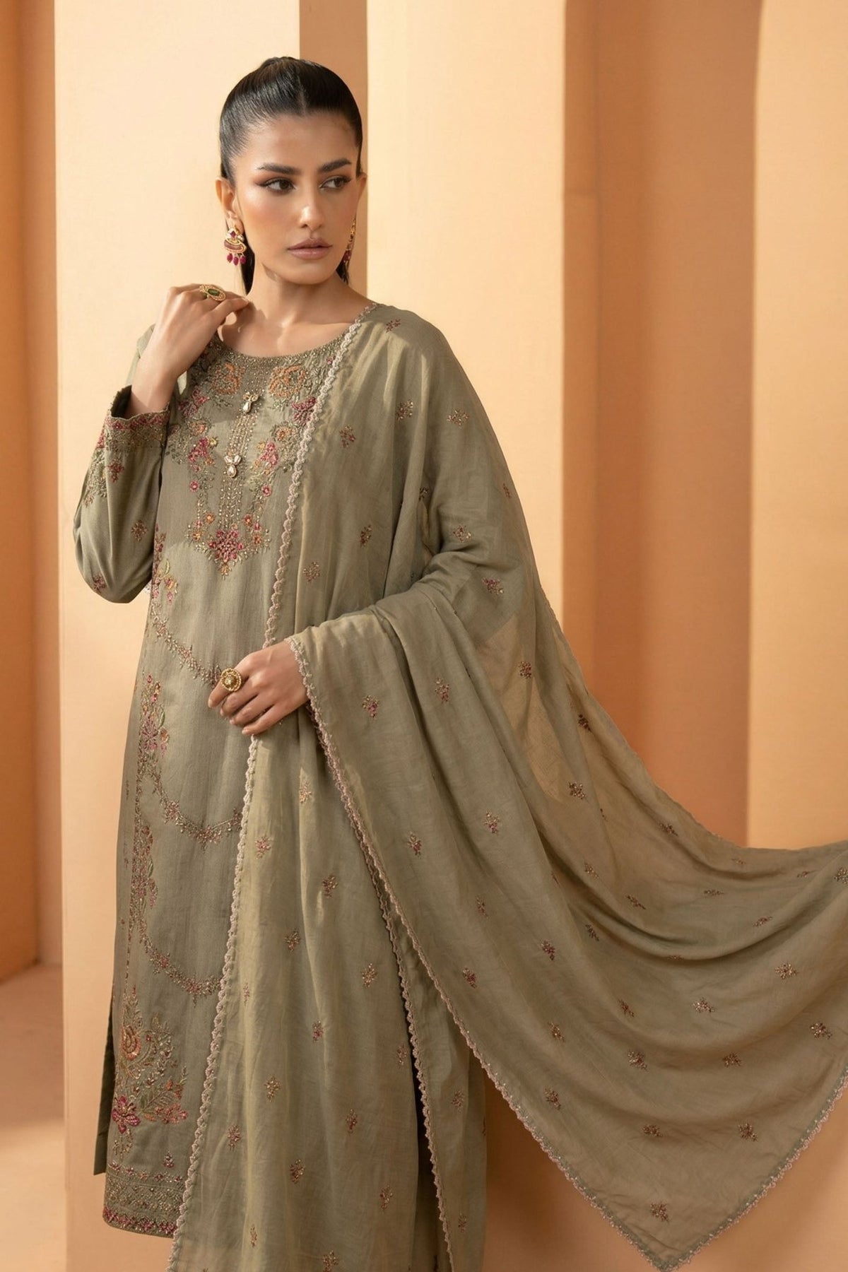 Maria B | RTW | 3 Piece Embroidered Double Warp Silk Suit-Brand:Maria B-Type:Luxury Pret-Beige - House of Maryam- Buy in UK, USA