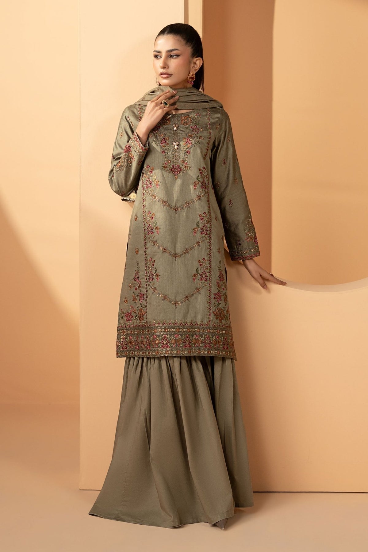 Maria B | RTW | 3 Piece Embroidered Double Warp Silk Suit-Brand:Maria B-Type:Luxury Pret-Beige - House of Maryam- Buy in UK, USA