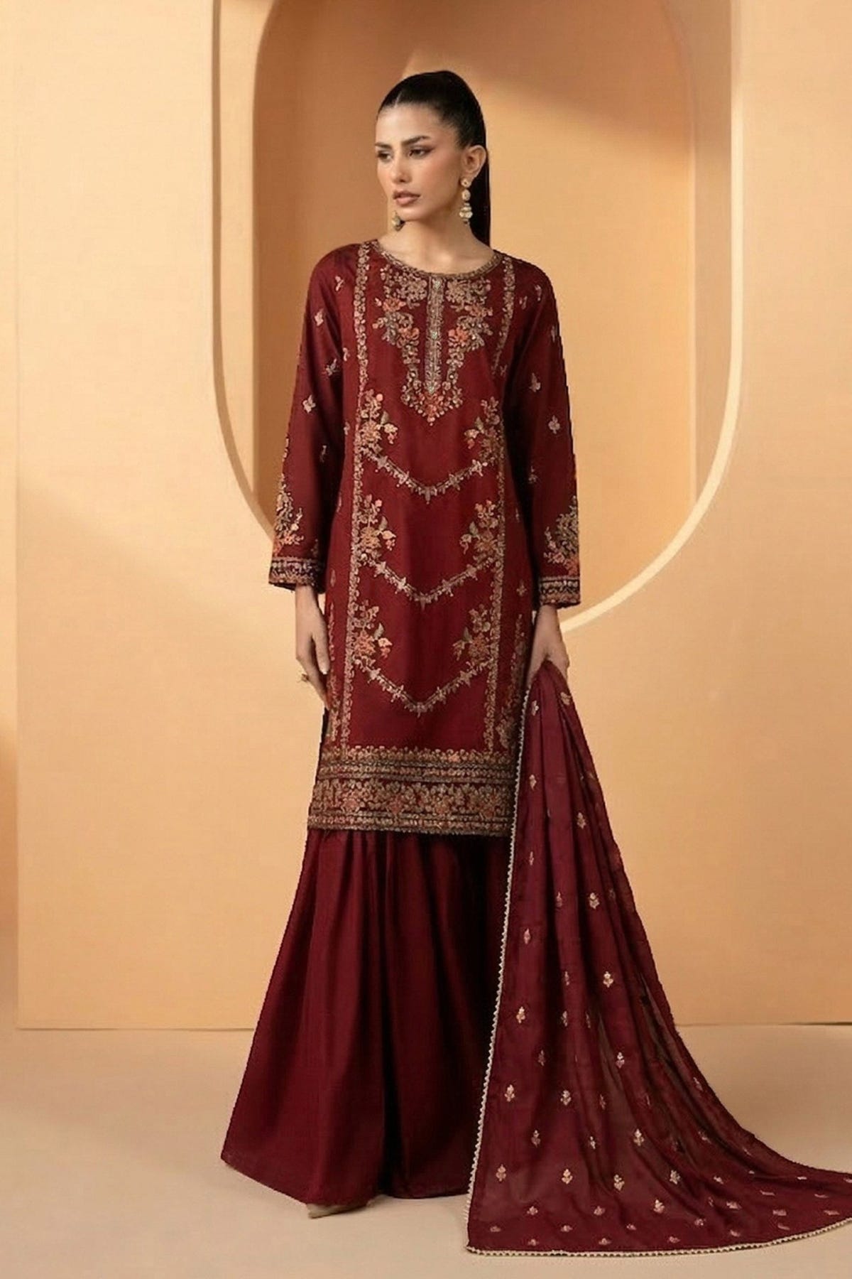 Maria B | RTW | 3 Piece Embroidered Double Warp Silk Suit-Brand:Maria B-Type:Luxury Pret-Maroon - House of Maryam- Buy in UK, USA