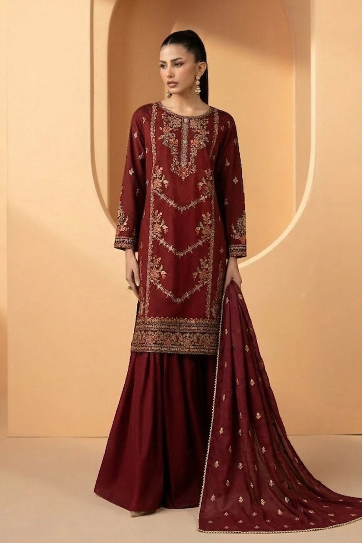 Maria B | RTW | 3 Piece Embroidered Double Warp Silk Suit-Brand:Maria B-Type:Luxury Pret-Maroon - House of Maryam- Buy in UK, USA