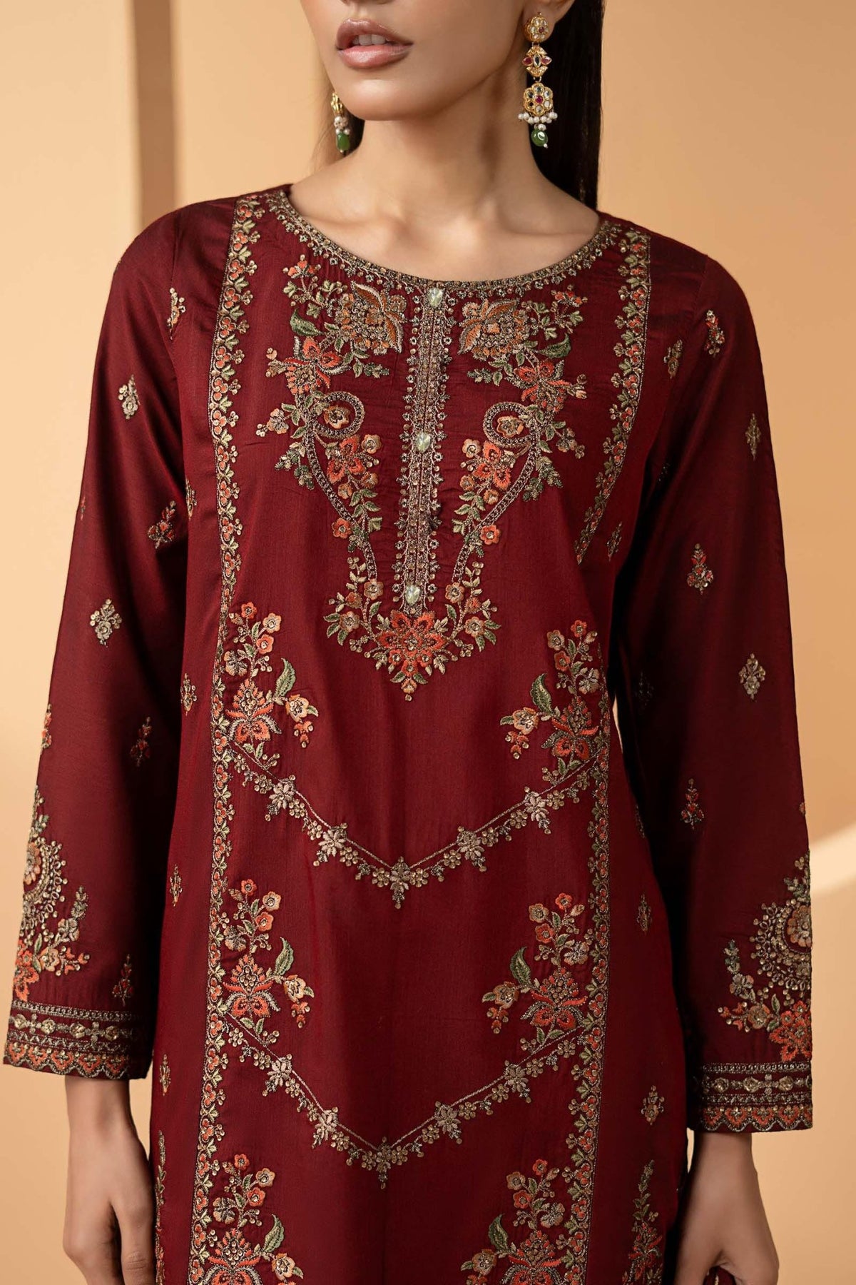 Maria B | RTW | 3 Piece Embroidered Double Warp Silk Suit-Brand:Maria B-Type:Luxury Pret-Maroon - House of Maryam- Buy in UK, USA