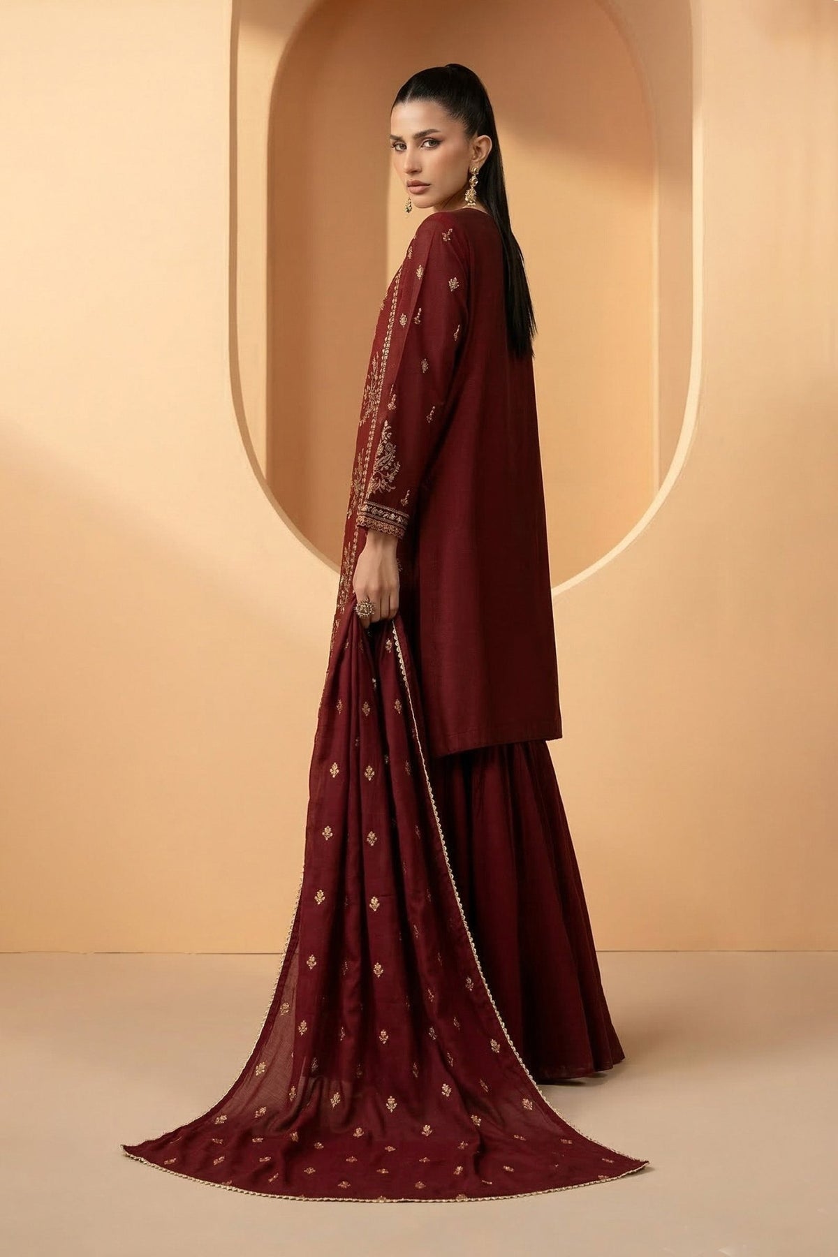 Maria B | RTW | 3 Piece Embroidered Double Warp Silk Suit-Brand:Maria B-Type:Luxury Pret-Maroon - House of Maryam- Buy in UK, USA