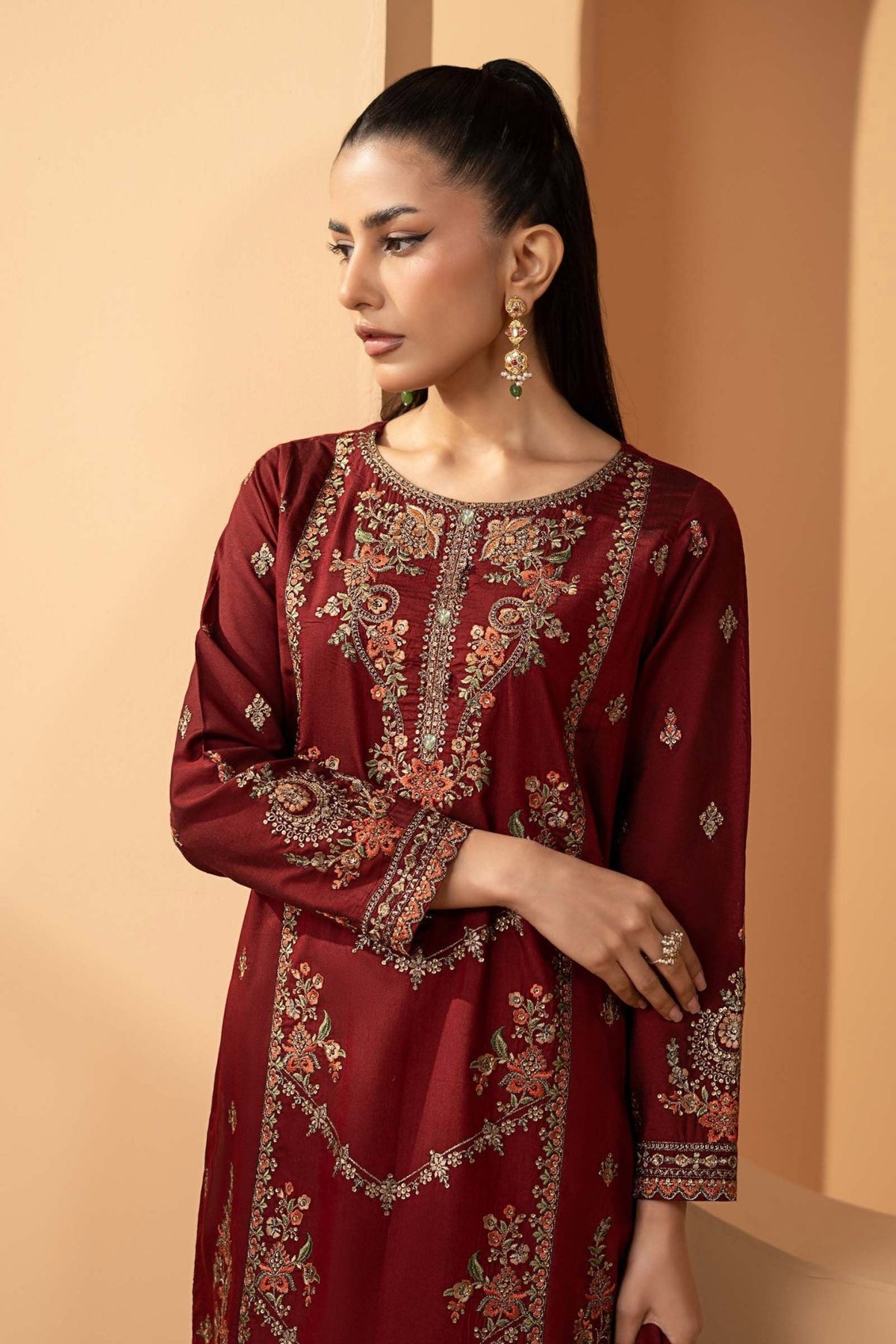 Maria B | RTW | 3 Piece Embroidered Double Warp Silk Suit-Brand:Maria B-Type:Luxury Pret-Maroon - House of Maryam- Buy in UK, USA