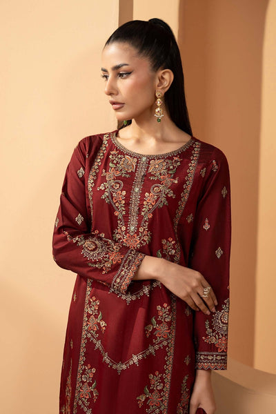 Maria B | RTW | 3 Piece Embroidered Double Warp Silk Suit-Brand:Maria B-Type:Luxury Pret-Maroon - House of Maryam- Buy in UK, USA