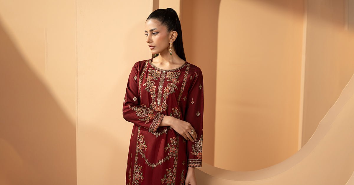 Maria B | RTW | 3 Piece Embroidered Double Warp Silk Suit-Brand:Maria B-Type:Luxury Pret-Maroon - House of Maryam- Buy in UK, USA