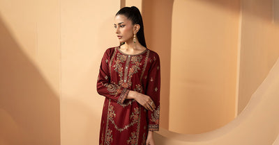 Maria B | RTW | 3 Piece Embroidered Double Warp Silk Suit-Brand:Maria B-Type:Luxury Pret-Maroon - House of Maryam- Buy in UK, USA