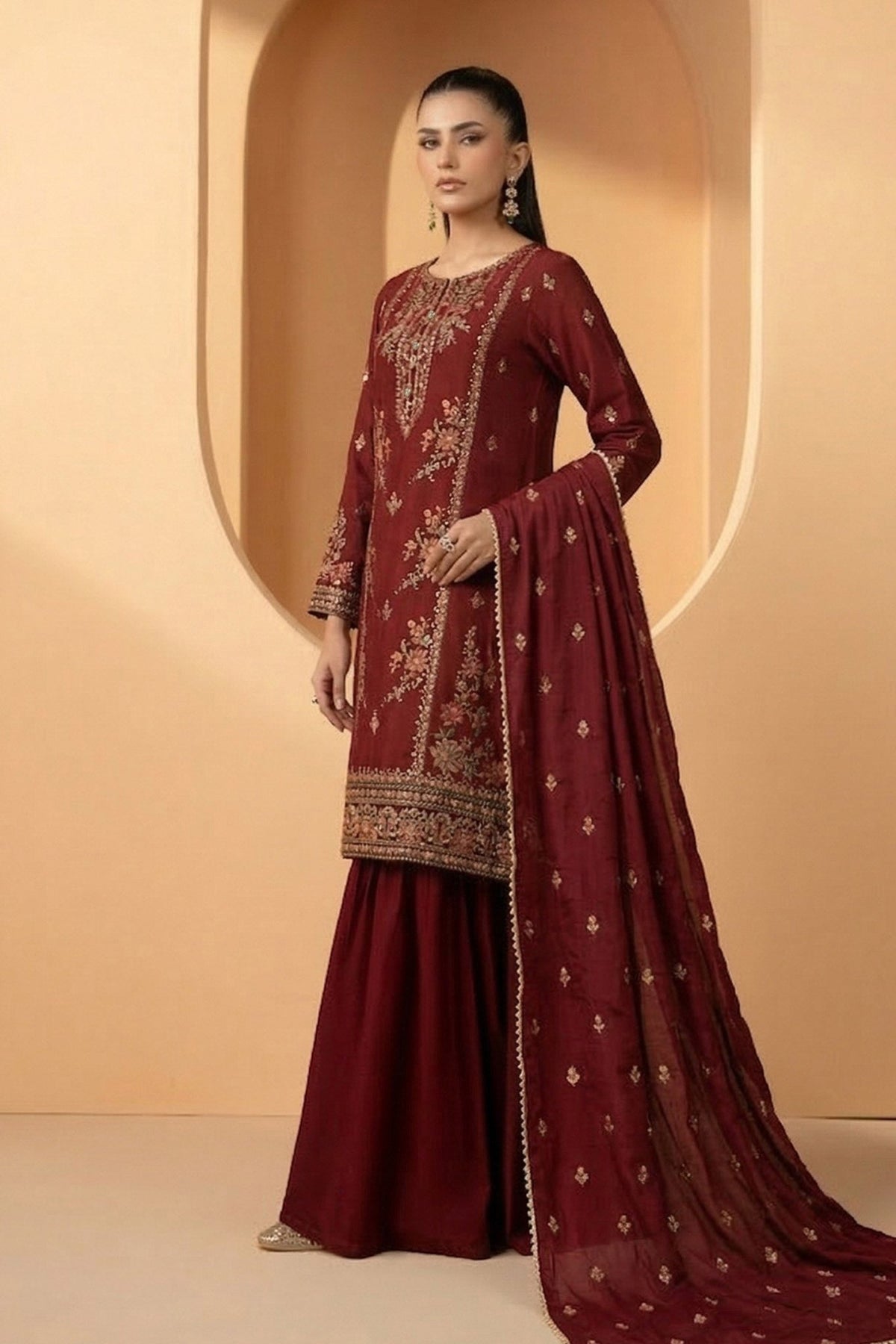 Maria B | RTW | 3 Piece Embroidered Double Warp Silk Suit-Brand:Maria B-Type:Luxury Pret-Maroon - House of Maryam- Buy in UK, USA