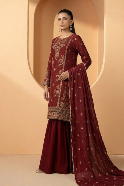 Maria B | RTW | 3 Piece Embroidered Double Warp Silk Suit-Brand:Maria B-Type:Luxury Pret-Maroon - House of Maryam- Buy in UK, USA