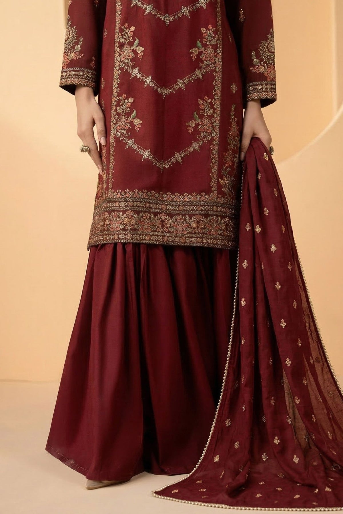Maria B | RTW | 3 Piece Embroidered Double Warp Silk Suit-Brand:Maria B-Type:Luxury Pret-Maroon - House of Maryam- Buy in UK, USA