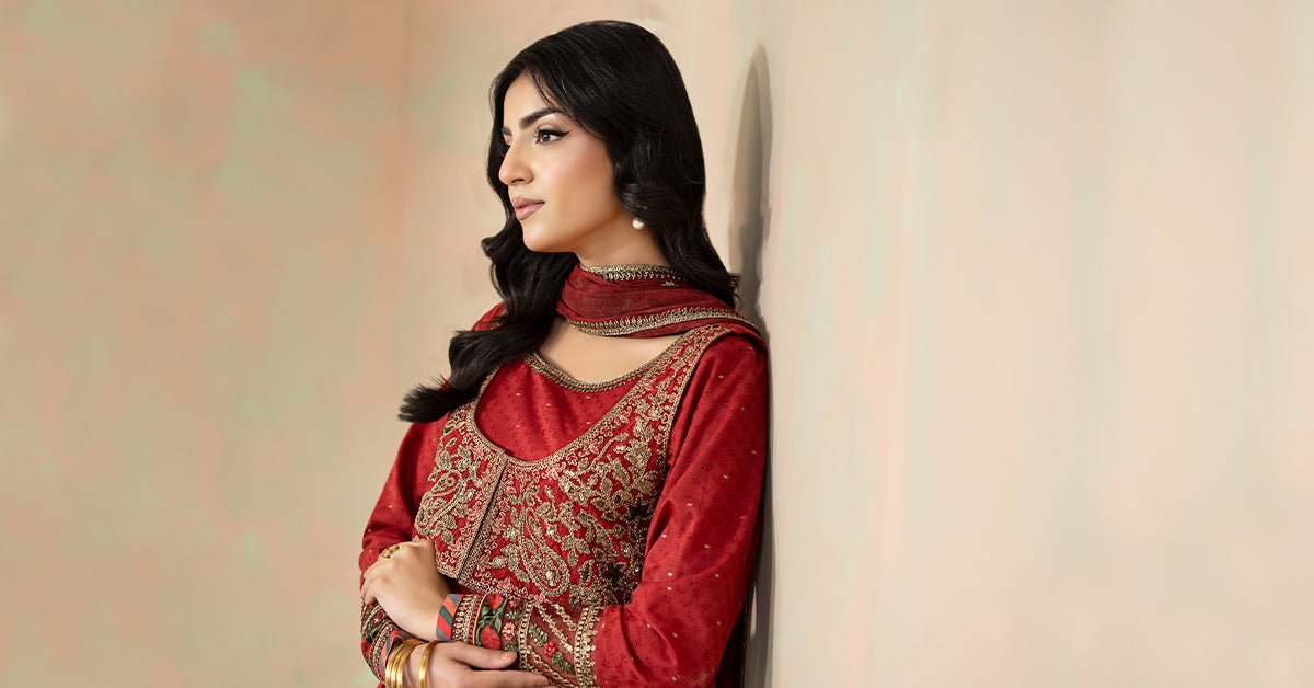 Maria B | RTW | 3 Piece Embroidered Filament Viscose Suit-Brand:Maria B-Type:Luxury Pret-Red - House of Maryam- Buy in UK, USA