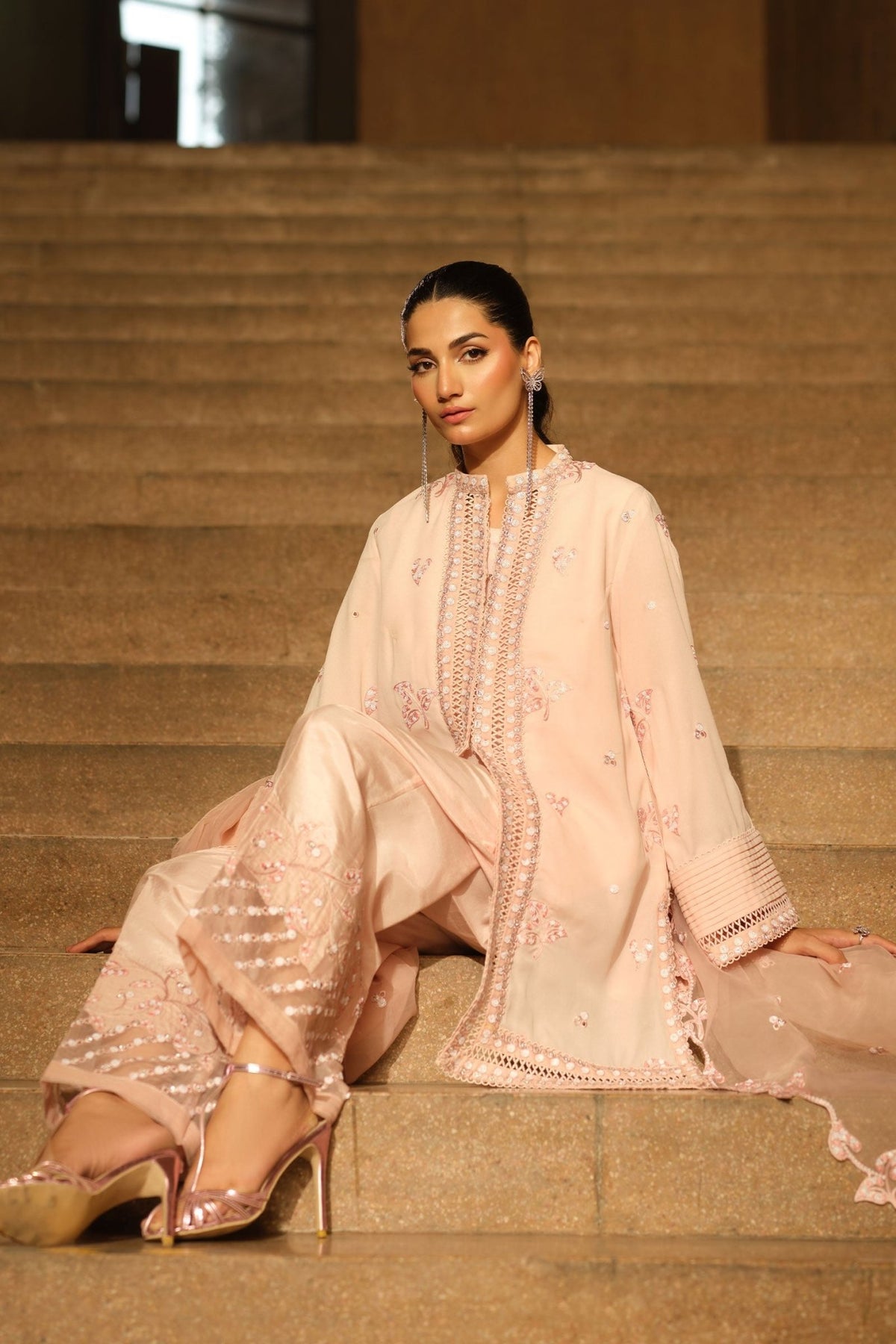 Maria B | RTW | 3 Piece Embroidered Georgette Suit-Brand:Maria B-Type:Luxury Formals-Pink - House of Maryam- Buy in UK, USA