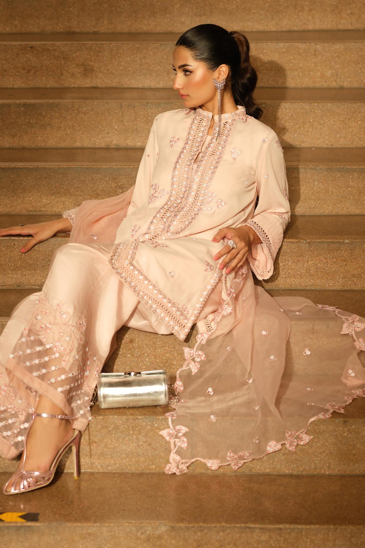 Maria B | RTW | 3 Piece Embroidered Georgette Suit-Brand:Maria B-Type:Luxury Formals-Pink - House of Maryam- Buy in UK, USA