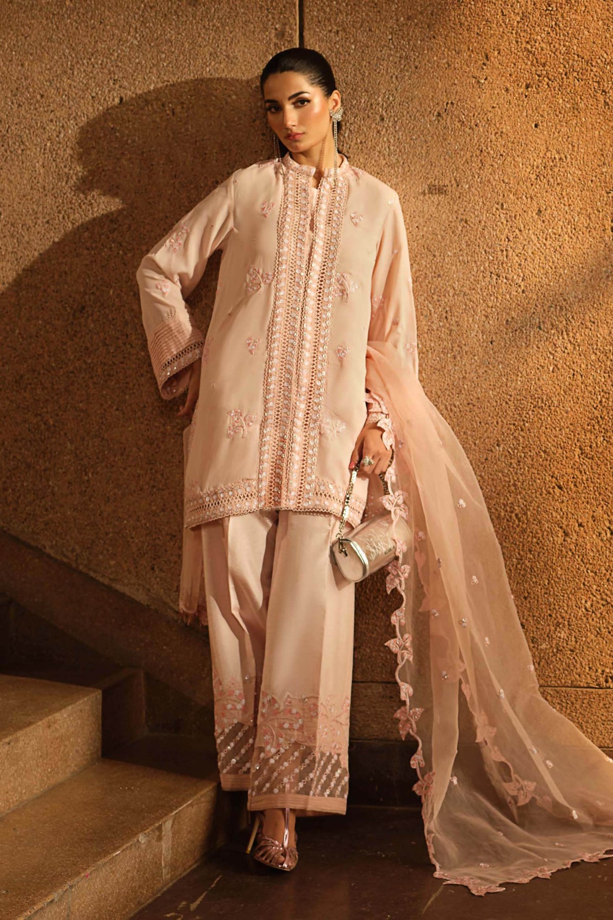 Maria B | RTW | 3 Piece Embroidered Georgette Suit-Brand:Maria B-Type:Luxury Formals-Pink - House of Maryam- Buy in UK, USA