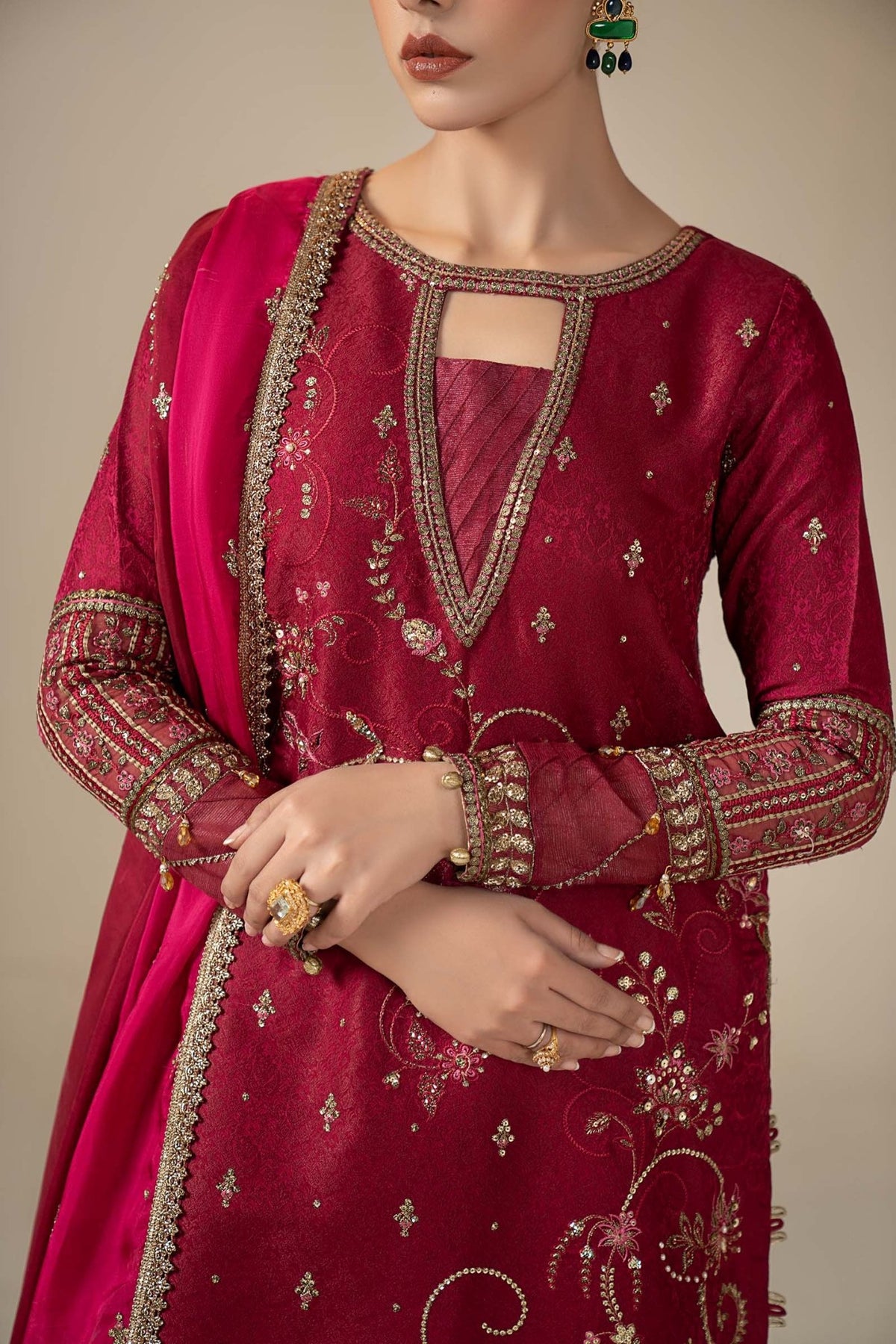 Maria B | RTW | 3 Piece Embroidered Jacquard Suit-Brand:Maria B-Type:Luxury Formals-Pink - House of Maryam- Buy in UK, USA