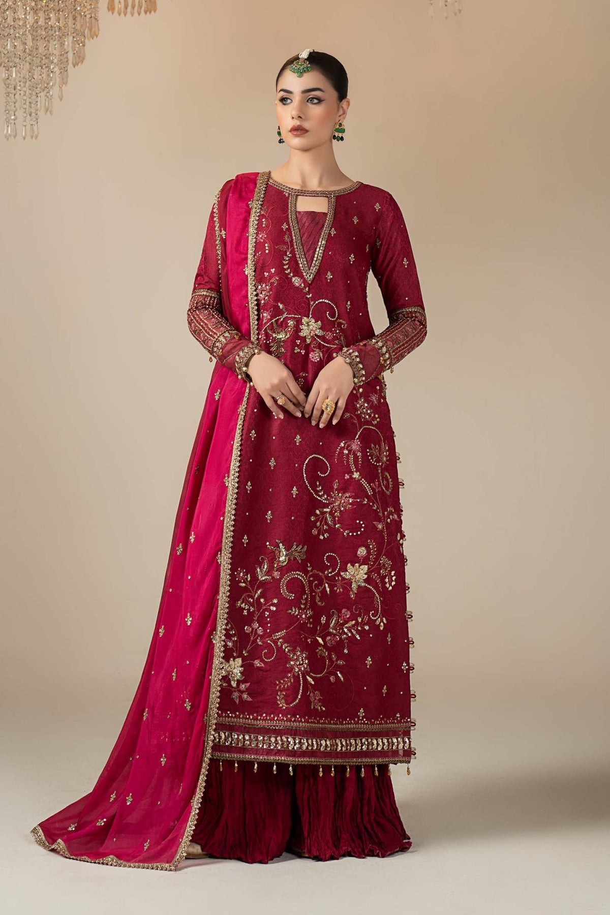 Maria B | RTW | 3 Piece Embroidered Jacquard Suit-Brand:Maria B-Type:Luxury Formals-Pink - House of Maryam- Buy in UK, USA