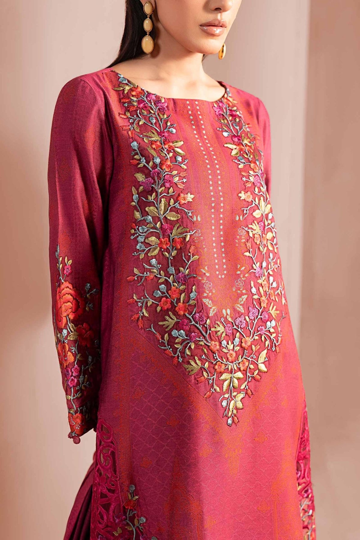 Maria B | RTW | 3 Piece Embroidered Jacquard Suit-Brand:Maria B-Type:Luxury Pret-Pink - House of Maryam- Buy in UK, USA