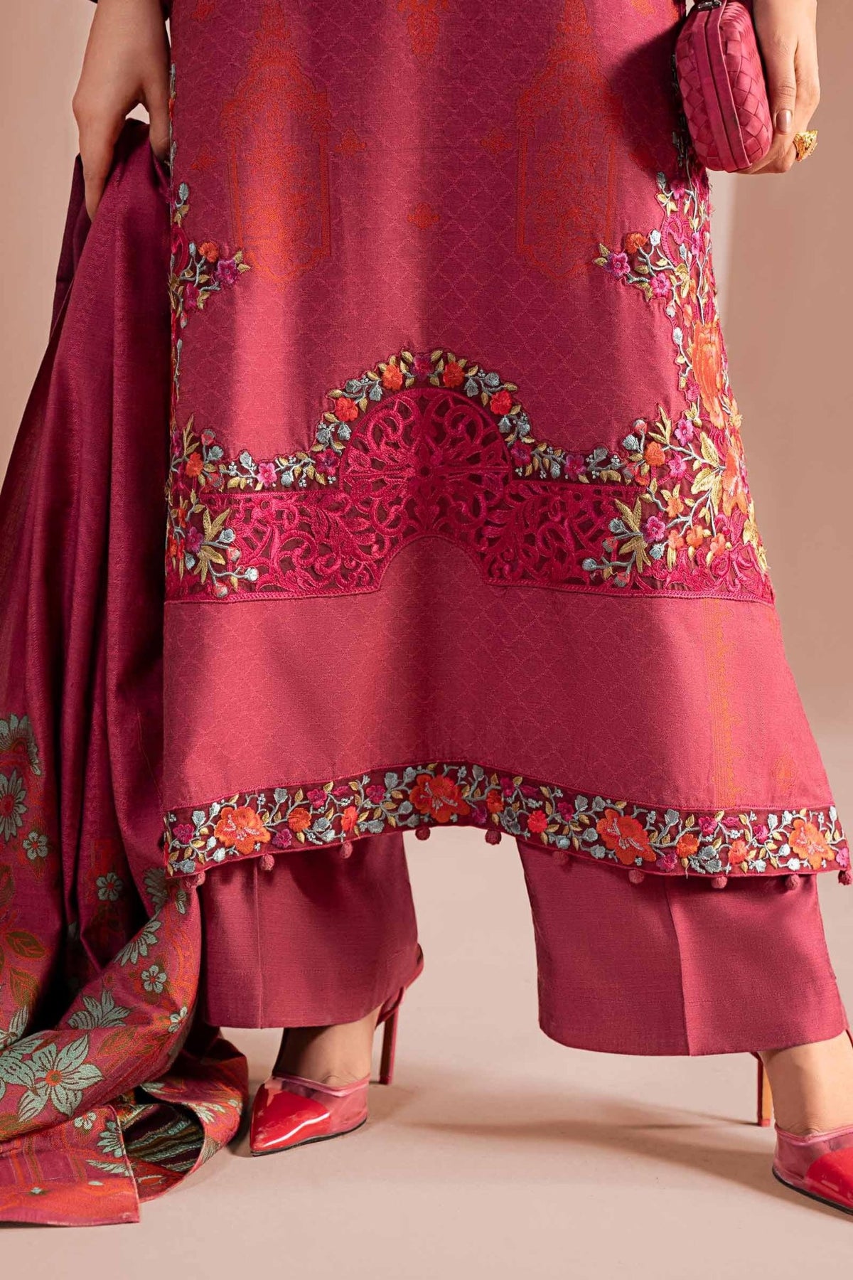 Maria B | RTW | 3 Piece Embroidered Jacquard Suit-Brand:Maria B-Type:Luxury Pret-Pink - House of Maryam- Buy in UK, USA