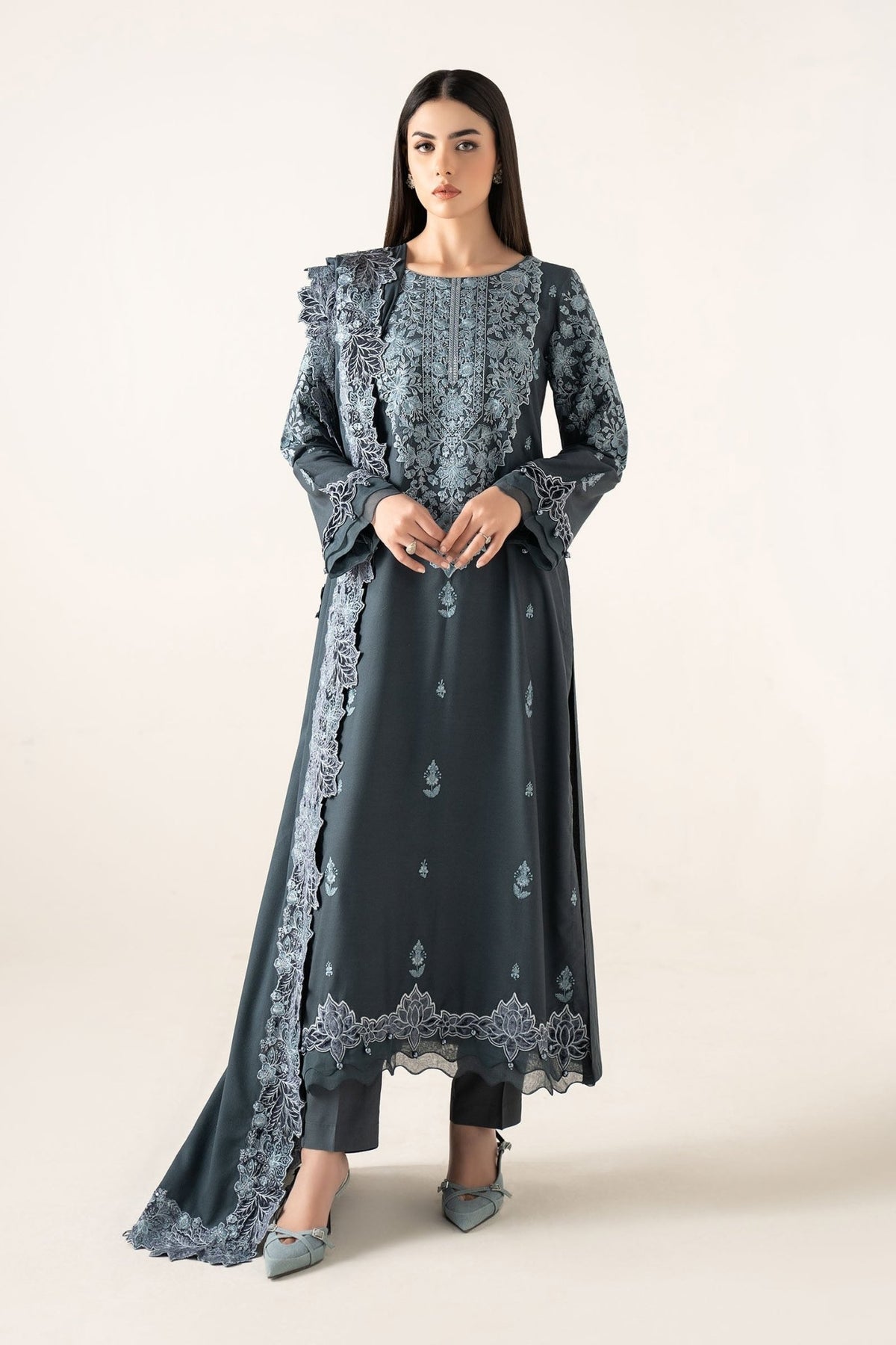 Maria B | RTW | 3 Piece Embroidered Karandi Suit-Brand:Maria B-Type:Luxury Pret-Blue - House of Maryam- Buy in UK, USA