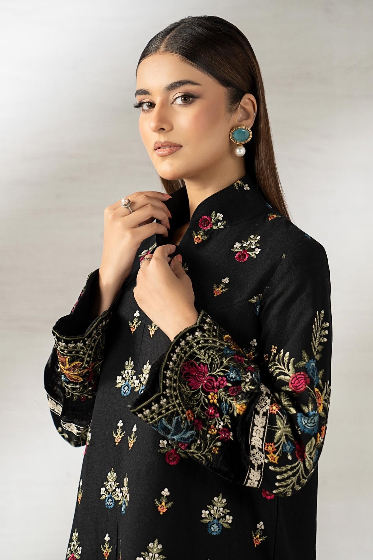 Maria B | RTW | 3 Piece Embroidered Khaddar Suit-Brand:Maria B-Type:Luxury Pret-Black - House of Maryam- Buy in UK, USA