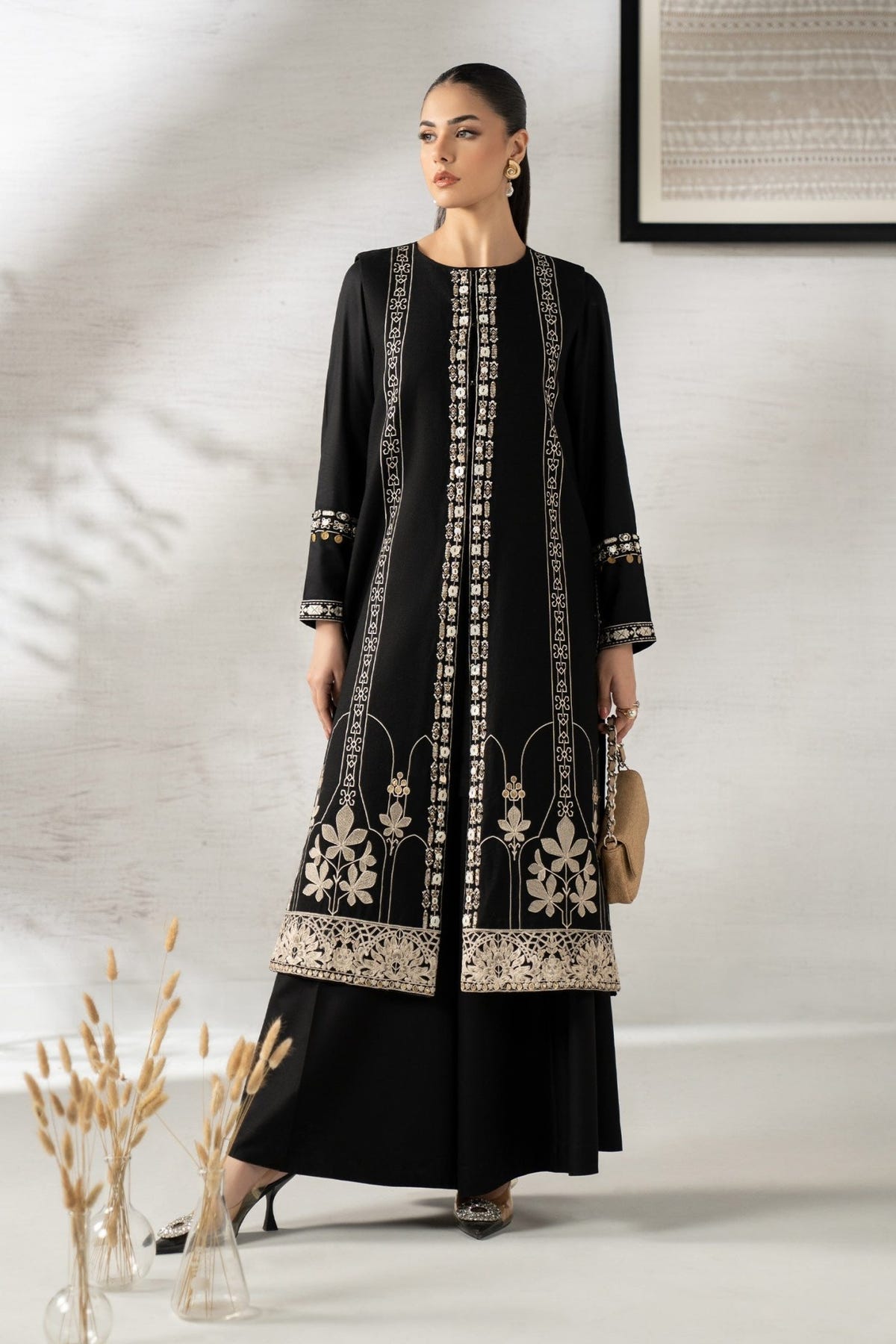 Maria B | RTW | 3 Piece Embroidered Khaddar Suit-Brand:Maria B-Type:Luxury Pret-Black - House of Maryam- Buy in UK, USA