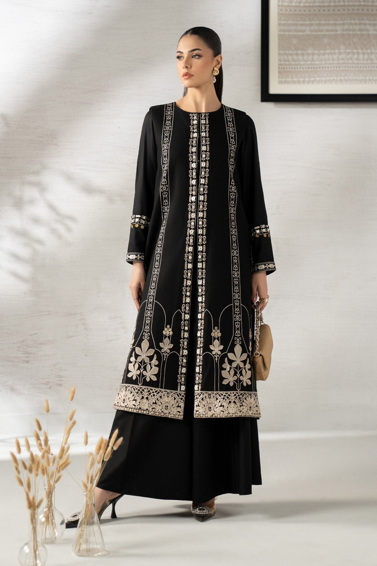 Maria B | RTW | 3 Piece Embroidered Khaddar Suit-Brand:Maria B-Type:Luxury Pret-Black - House of Maryam- Buy in UK, USA