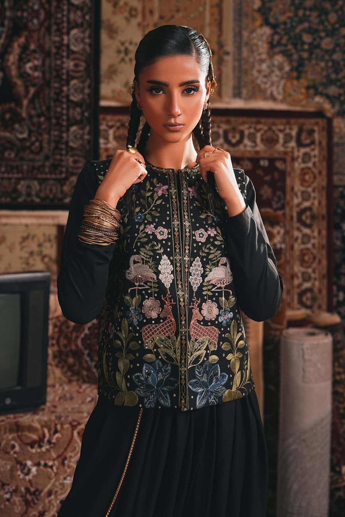Maria B | RTW | 3 Piece Embroidered Khaddar Suit-Brand:Maria B-Type:Luxury Pret-Black - House of Maryam- Buy in UK, USA