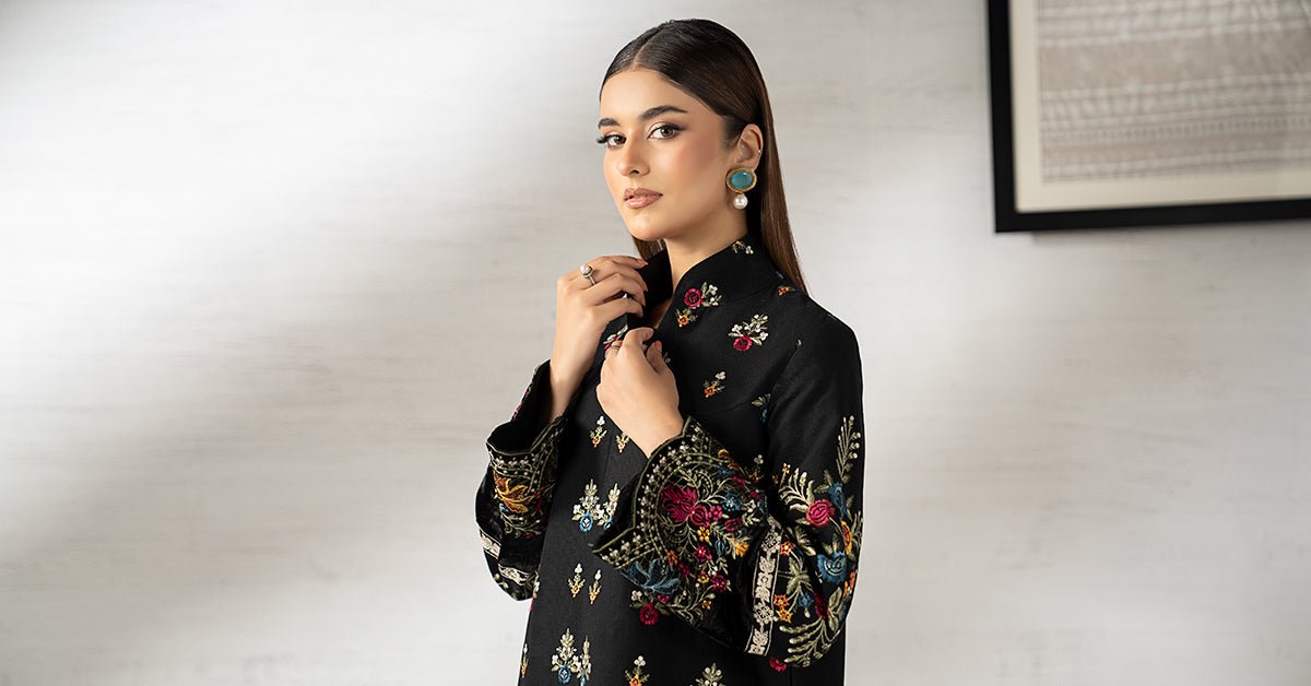 Maria B | RTW | 3 Piece Embroidered Khaddar Suit-Brand:Maria B-Type:Luxury Pret-Black - House of Maryam- Buy in UK, USA