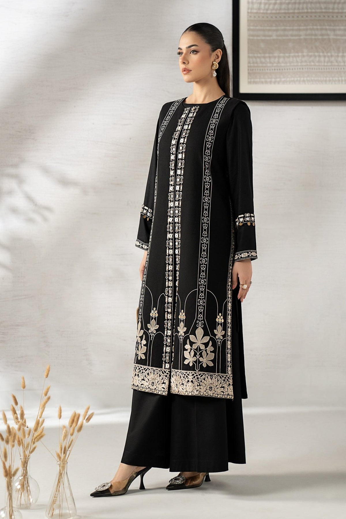 Maria B | RTW | 3 Piece Embroidered Khaddar Suit-Brand:Maria B-Type:Luxury Pret-Black - House of Maryam- Buy in UK, USA