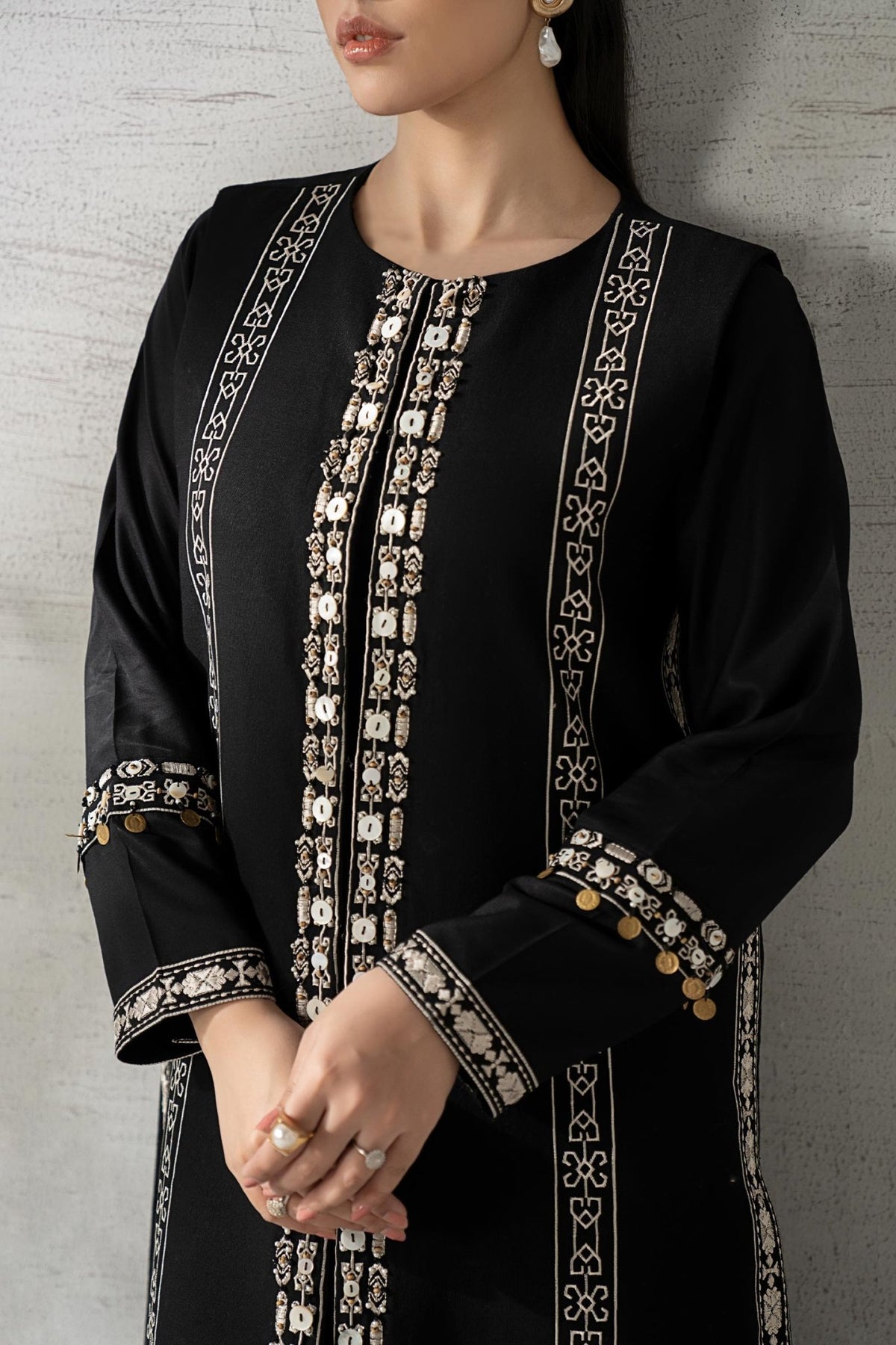 Maria B | RTW | 3 Piece Embroidered Khaddar Suit-Brand:Maria B-Type:Luxury Pret-Black - House of Maryam- Buy in UK, USA