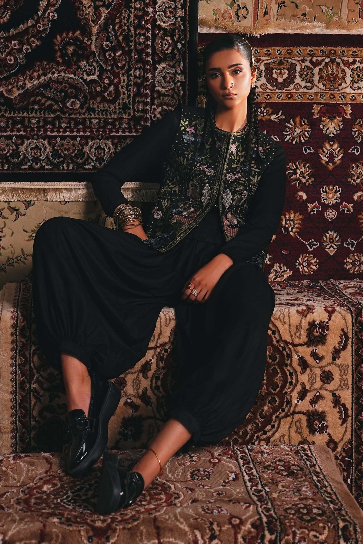 Maria B | RTW | 3 Piece Embroidered Khaddar Suit-Brand:Maria B-Type:Luxury Pret-Black - House of Maryam- Buy in UK, USA