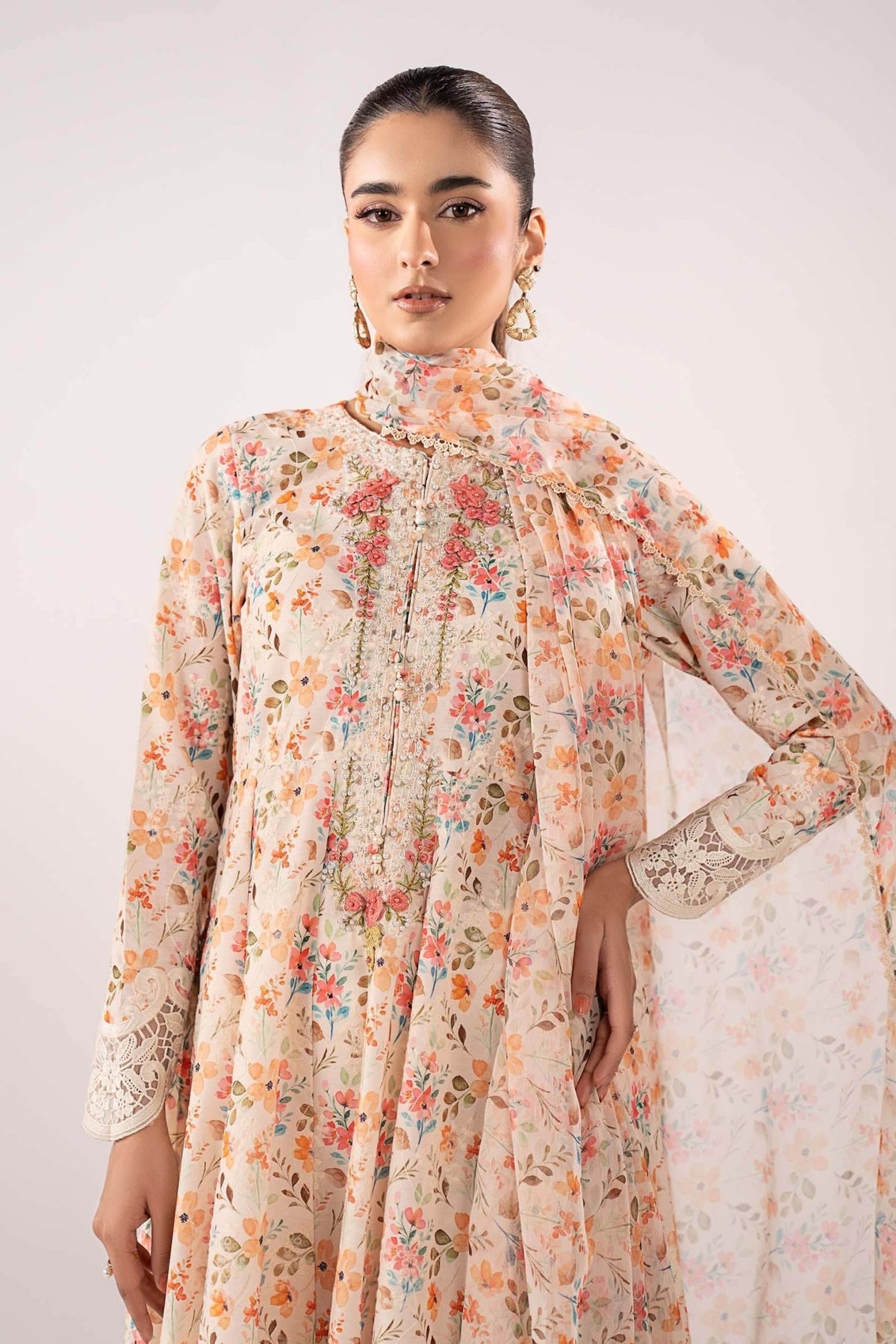 Maria B | RTW | 3 Piece Embroidered Lawn Suit-Brand:Maria B-Type:Luxury Pret-Beige - House of Maryam- Buy in UK, USA