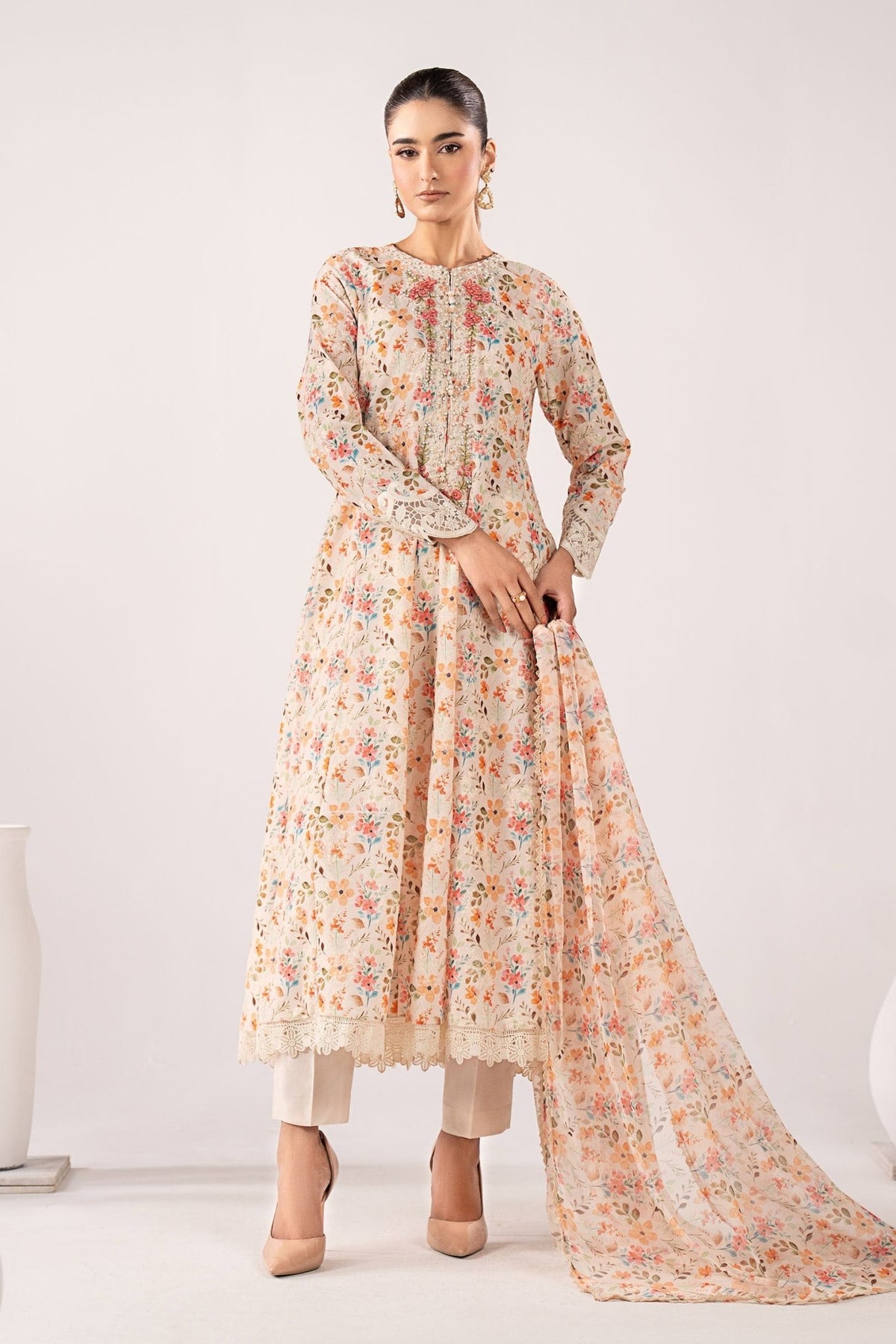Maria B | RTW | 3 Piece Embroidered Lawn Suit-Brand:Maria B-Type:Luxury Pret-Beige - House of Maryam- Buy in UK, USA