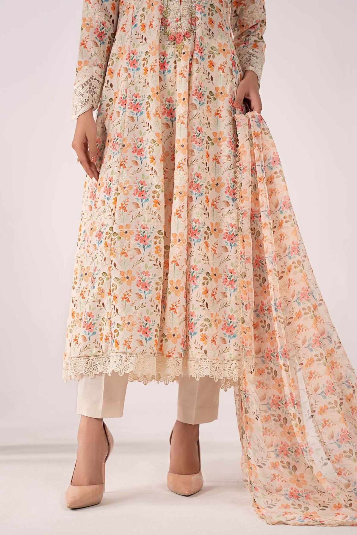 Maria B | RTW | 3 Piece Embroidered Lawn Suit-Brand:Maria B-Type:Luxury Pret-Beige - House of Maryam- Buy in UK, USA