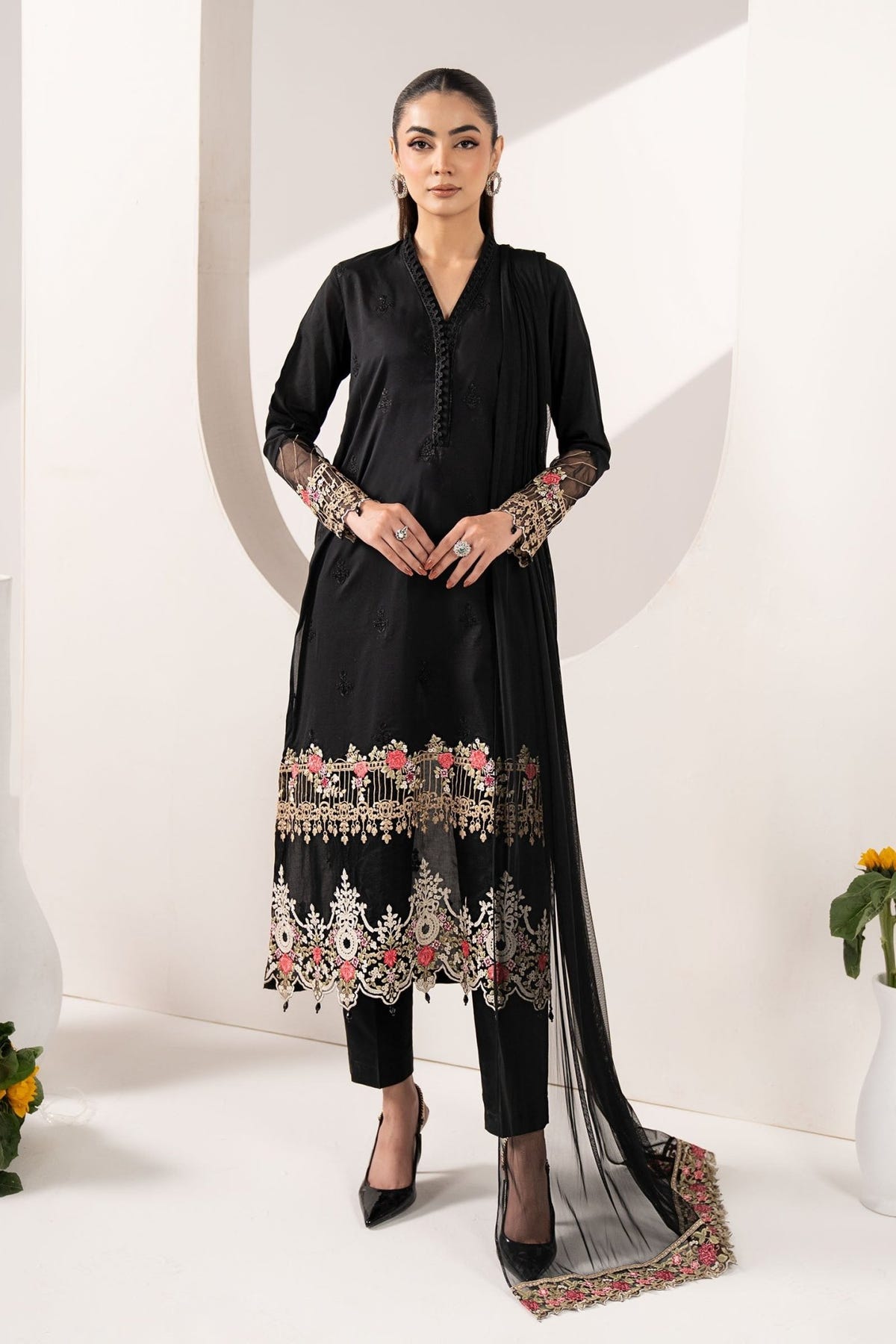 Maria B | RTW | 3 Piece Embroidered Lawn Suit-Brand:Maria B-Type:Luxury Pret-Black - House of Maryam- Buy in UK, USA