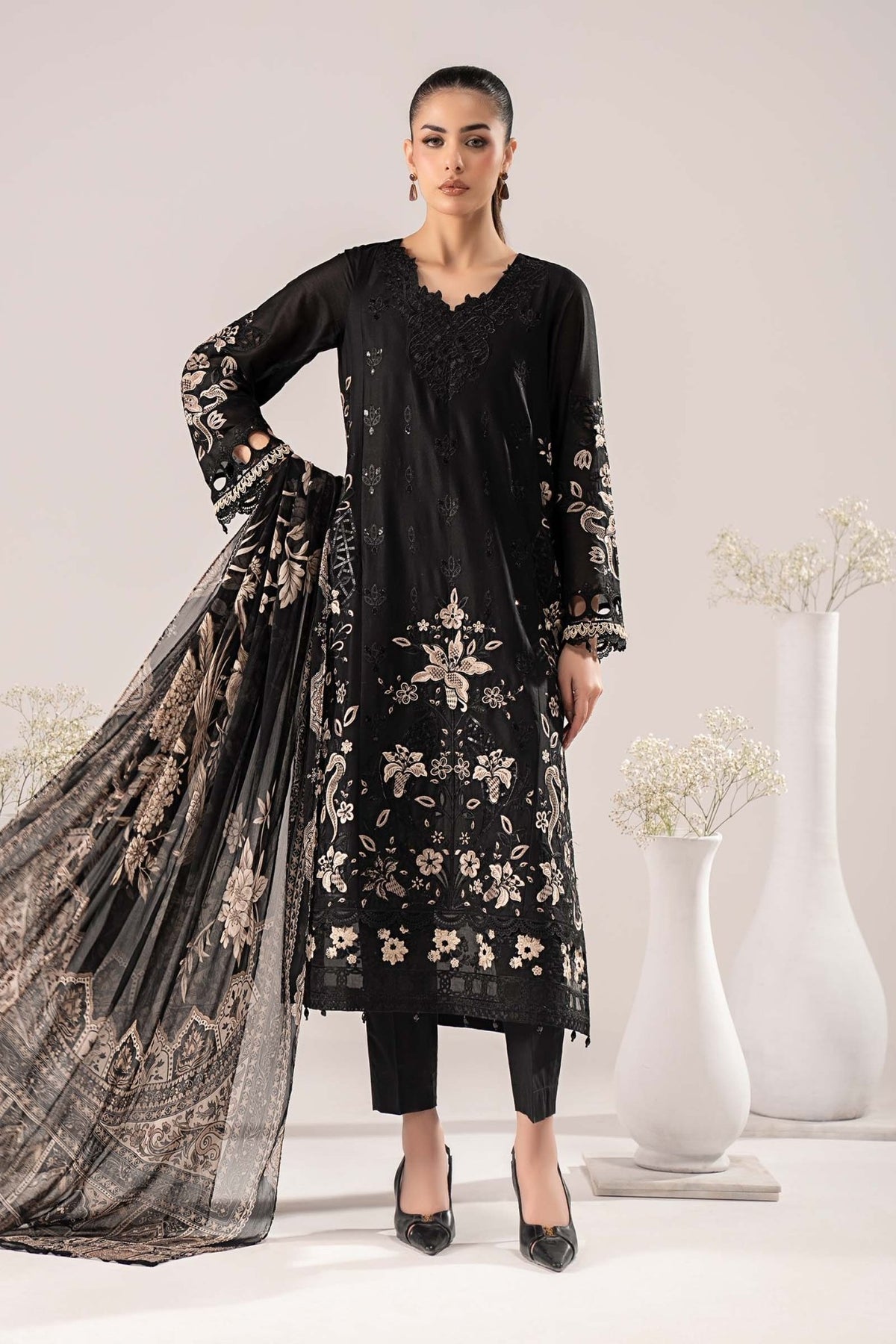 Maria B | RTW | 3 Piece Embroidered Lawn Suit-Brand:Maria B-Type:Luxury Pret-Black - House of Maryam- Buy in UK, USA