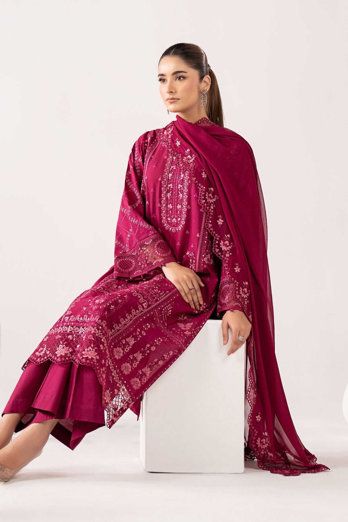 Maria B | RTW | 3 Piece Embroidered Lawn Suit-Brand:Maria B-Type:Luxury Pret-Maroon - House of Maryam- Buy in UK, USA