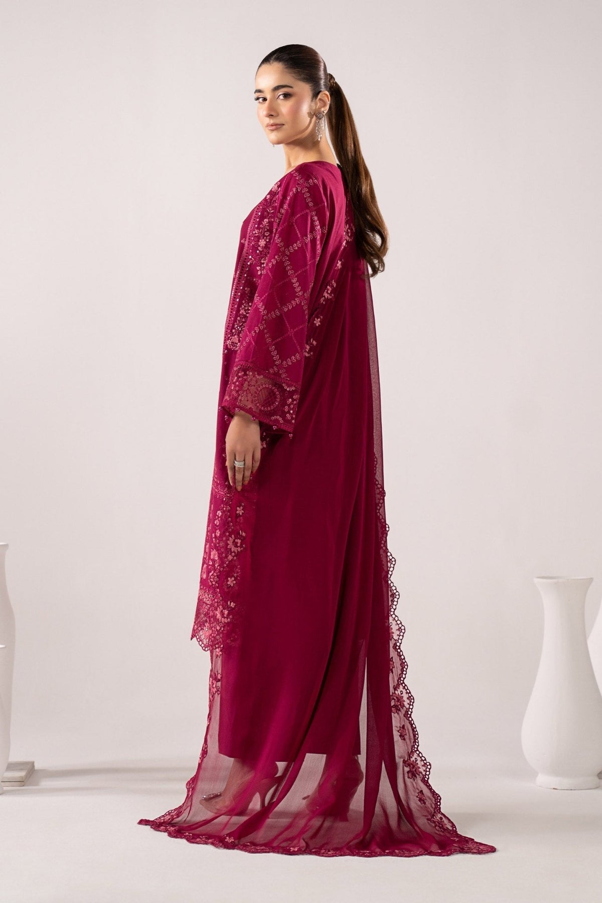 Maria B | RTW | 3 Piece Embroidered Lawn Suit-Brand:Maria B-Type:Luxury Pret-Maroon - House of Maryam- Buy in UK, USA