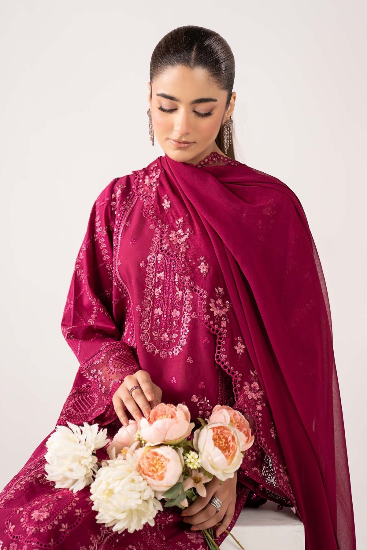 Maria B | RTW | 3 Piece Embroidered Lawn Suit-Brand:Maria B-Type:Luxury Pret-Maroon - House of Maryam- Buy in UK, USA