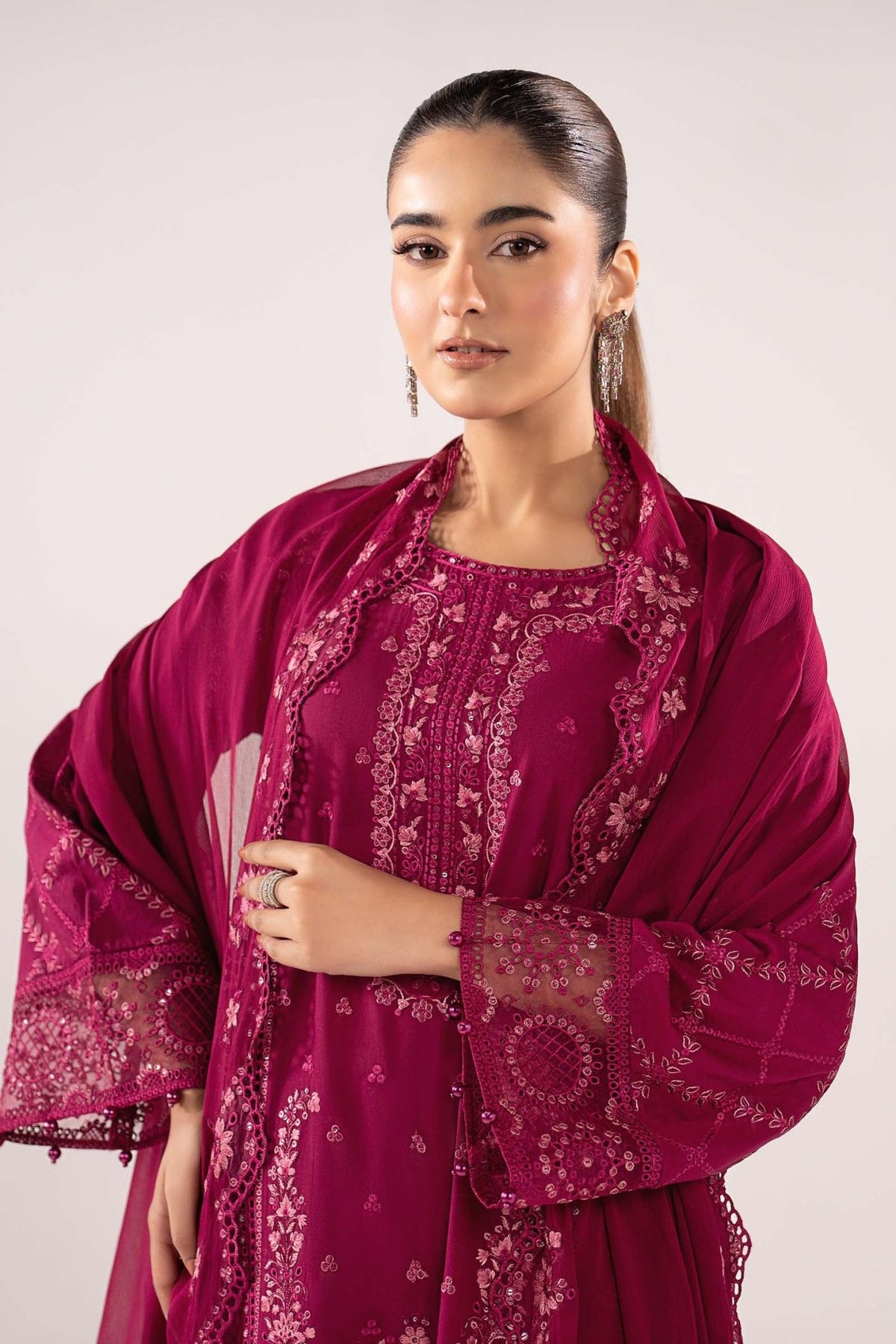 Maria B | RTW | 3 Piece Embroidered Lawn Suit-Brand:Maria B-Type:Luxury Pret-Maroon - House of Maryam- Buy in UK, USA