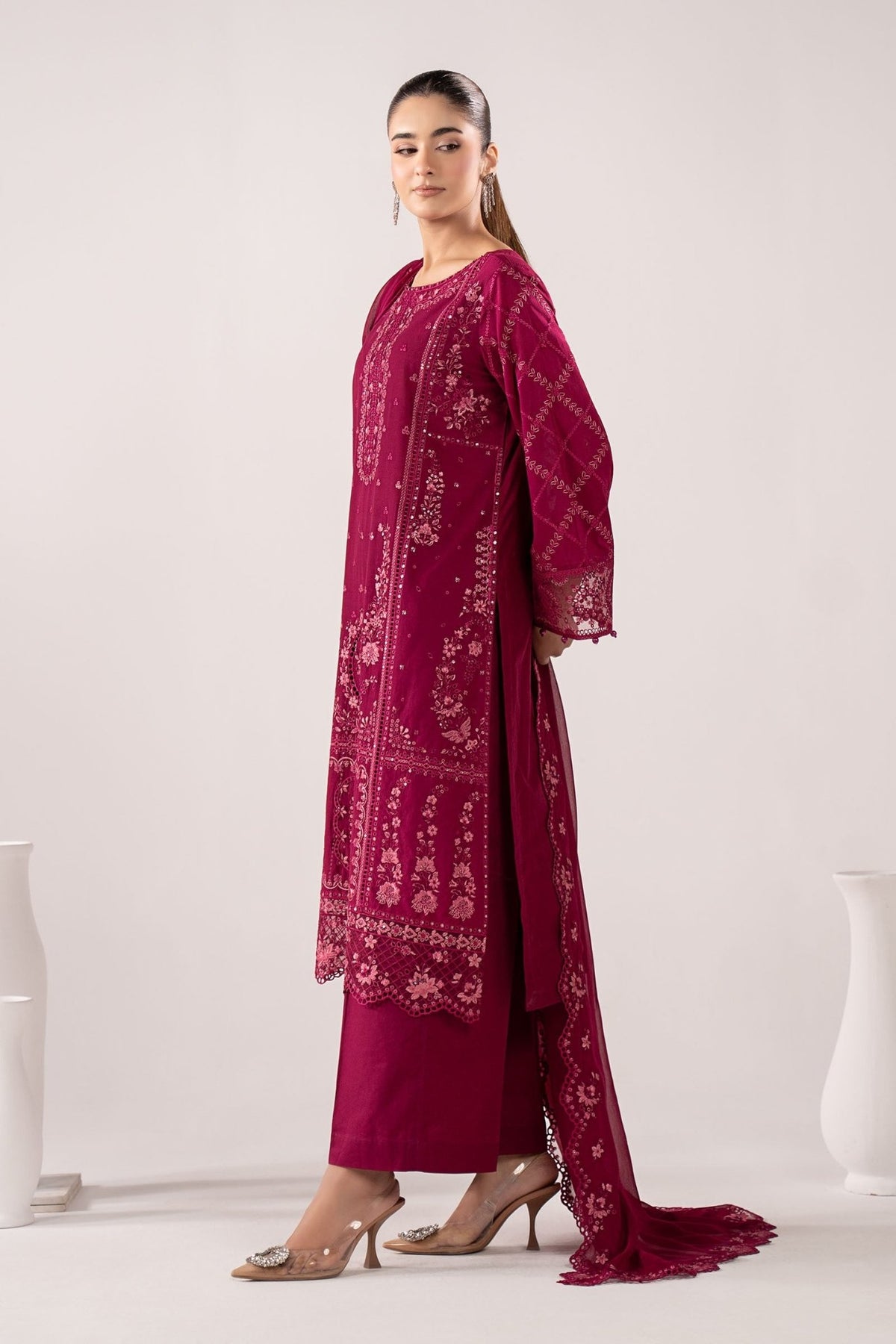 Maria B | RTW | 3 Piece Embroidered Lawn Suit-Brand:Maria B-Type:Luxury Pret-Maroon - House of Maryam- Buy in UK, USA