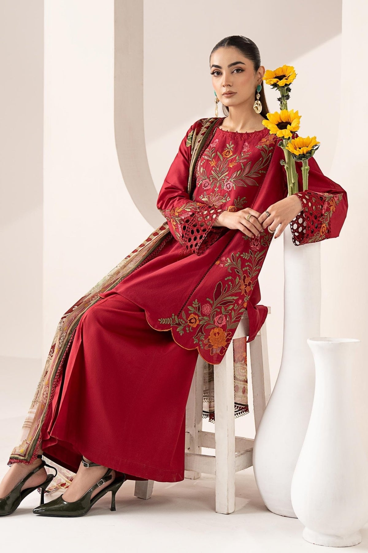 Maria B | RTW | 3 Piece Embroidered Lawn Suit-Brand:Maria B-Type:Luxury Pret-Red - House of Maryam- Buy in UK, USA