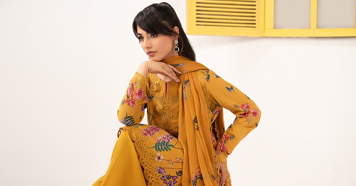 Maria B | RTW | 3 Piece Embroidered Lawn Suit-Brand:Maria B-Type:Luxury Pret-Yellow - House of Maryam- Buy in UK, USA