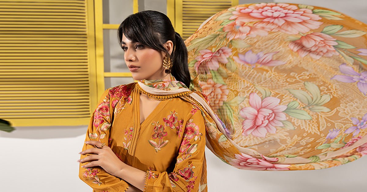 Maria B | RTW | 3 Piece Embroidered Lawn Suit-Brand:Maria B-Type:Luxury Pret-Yellow - House of Maryam- Buy in UK, USA