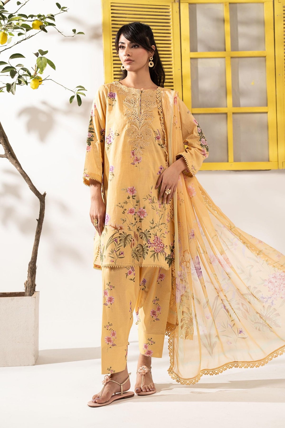 Maria B | RTW | 3 Piece Embroidered Lawn Suit-Brand:Maria B-Type:Luxury Pret-Yellow - House of Maryam- Buy in UK, USA
