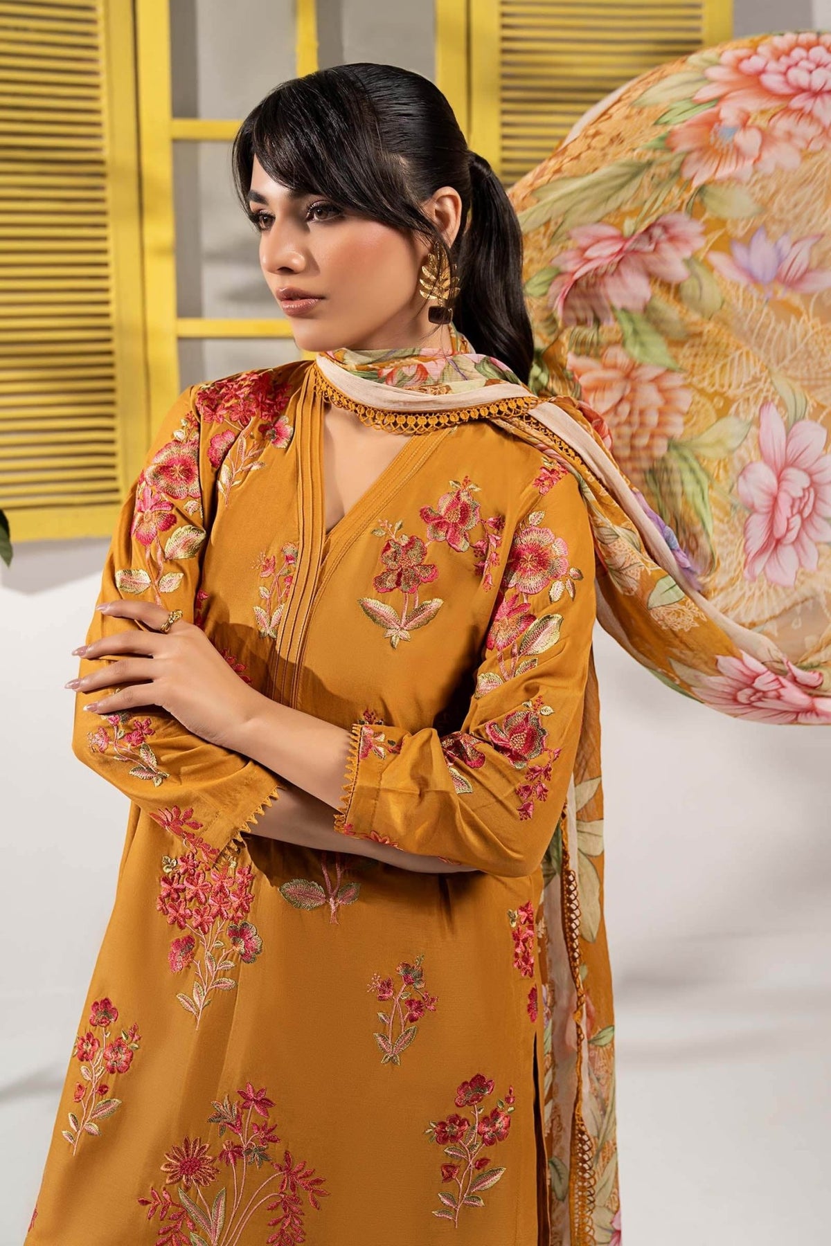 Maria B | RTW | 3 Piece Embroidered Lawn Suit-Brand:Maria B-Type:Luxury Pret-Yellow - House of Maryam- Buy in UK, USA