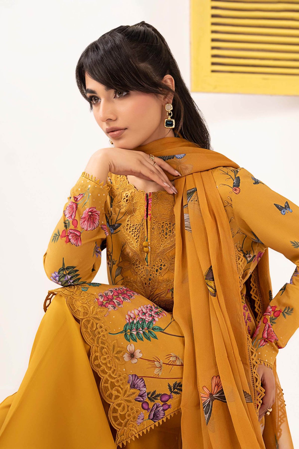 Maria B | RTW | 3 Piece Embroidered Lawn Suit-Brand:Maria B-Type:Luxury Pret-Yellow - House of Maryam- Buy in UK, USA