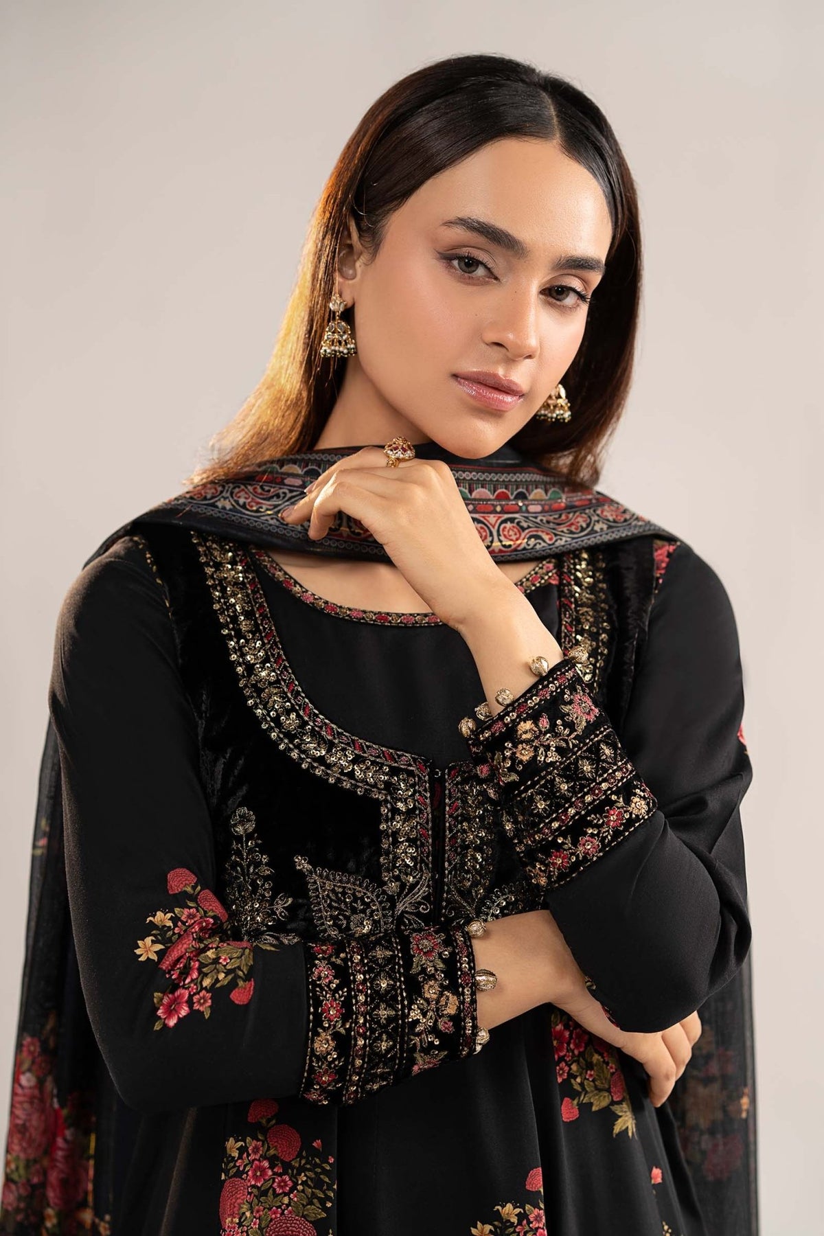 Maria B | RTW | 3 Piece Embroidered Linen Suit-Brand:Maria B-Type:Luxury Pret-Black - House of Maryam- Buy in UK, USA
